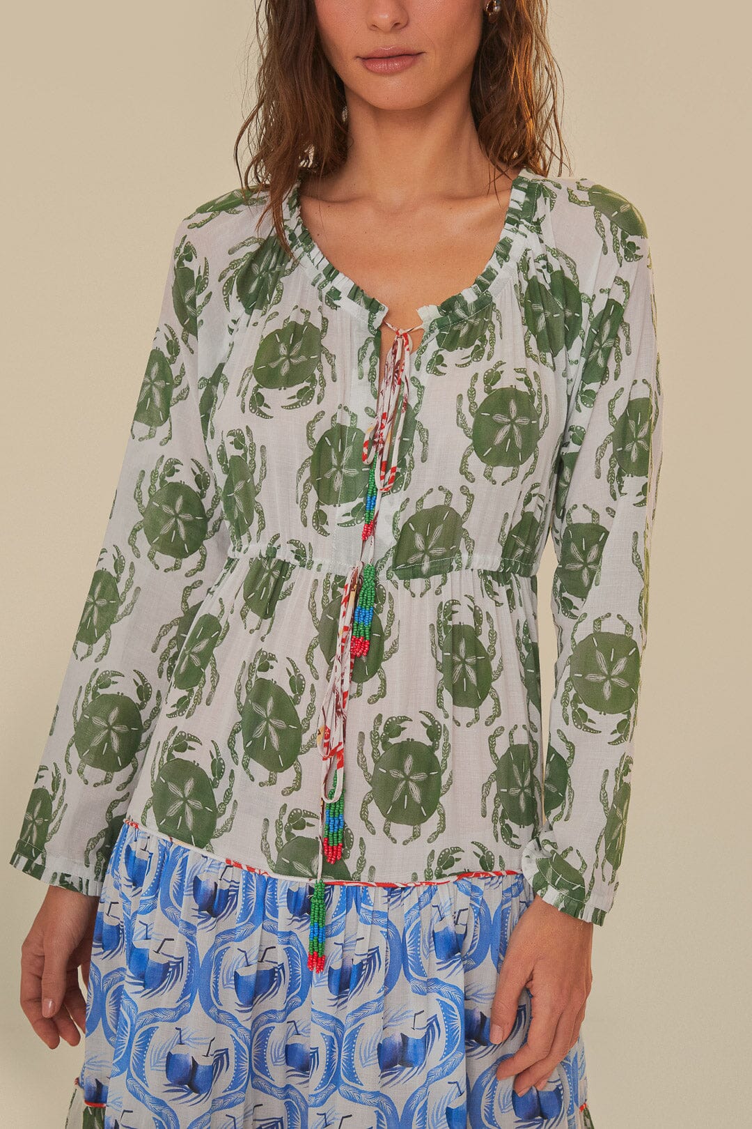 FARM Rio model wearing the Stamp Mix Long Sleeve Maxi Dress