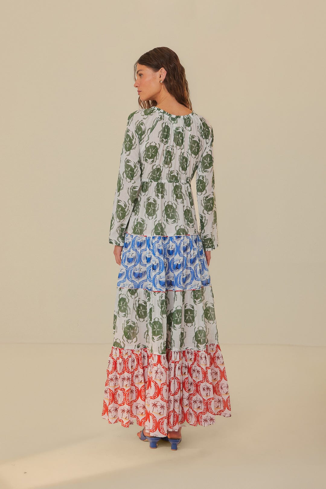 FARM Rio model wearing the Stamp Mix Long Sleeve Maxi Dress