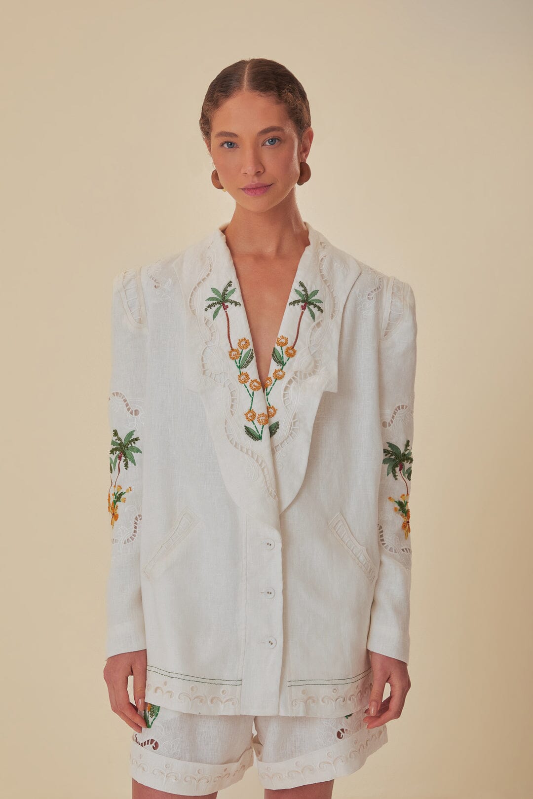 FARM Rio model wearing the Off-White Coconut Tree Macaw Embroidered Richelieu Blazer