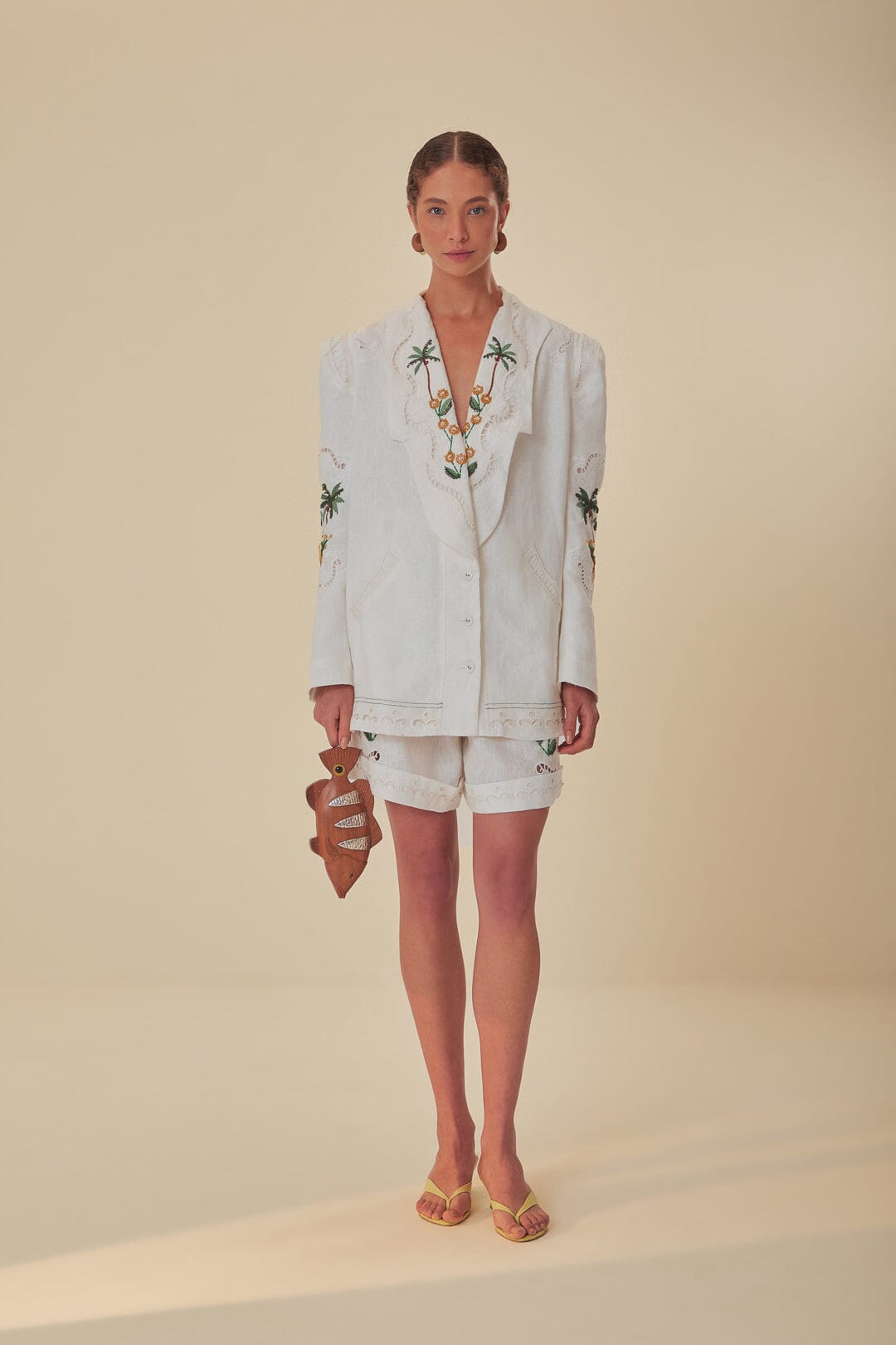 FARM Rio model wearing the Off-White Coconut Tree Macaw Embroidered Richelieu Blazer