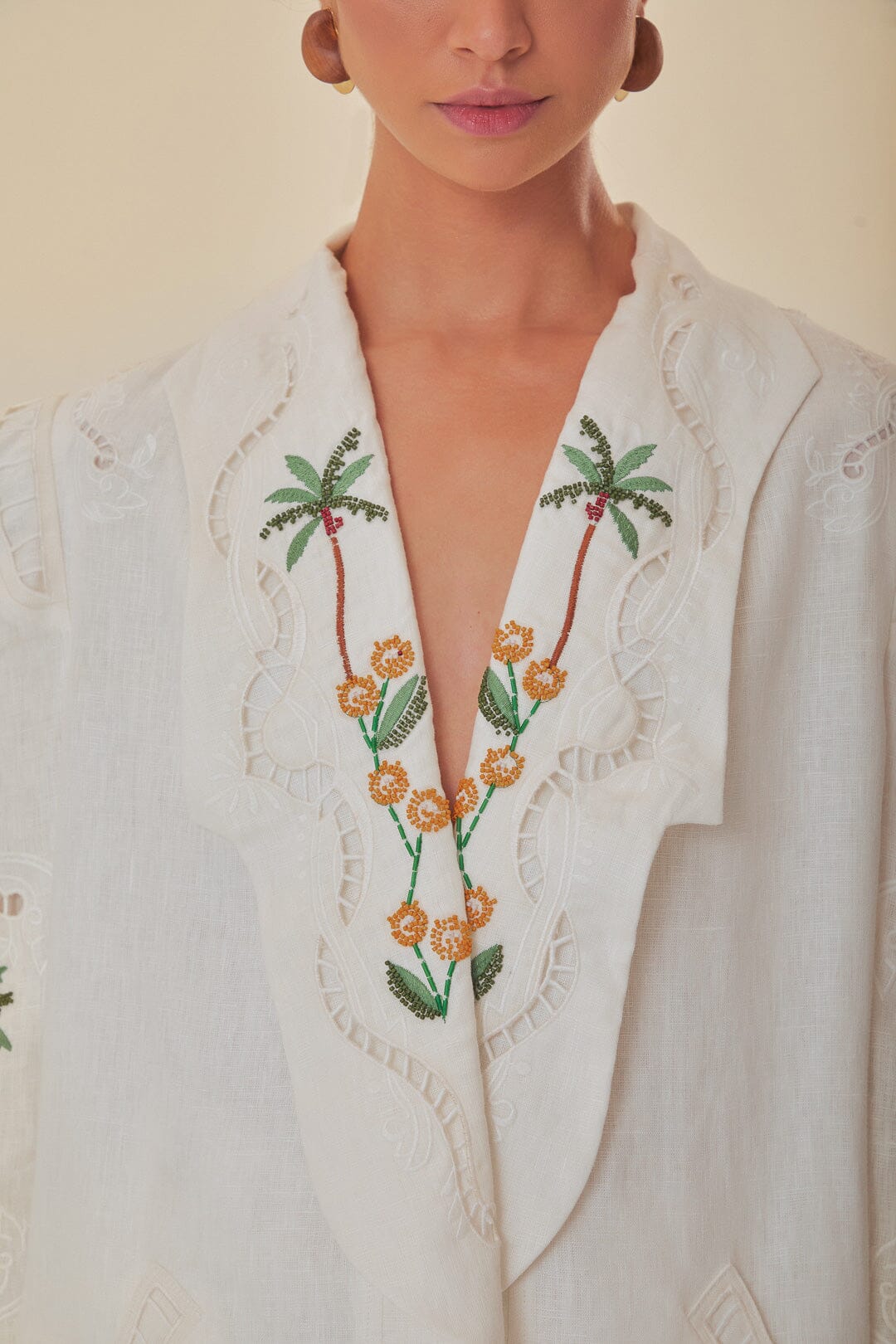 FARM Rio model wearing the Off-White Coconut Tree Macaw Embroidered Richelieu Blazer