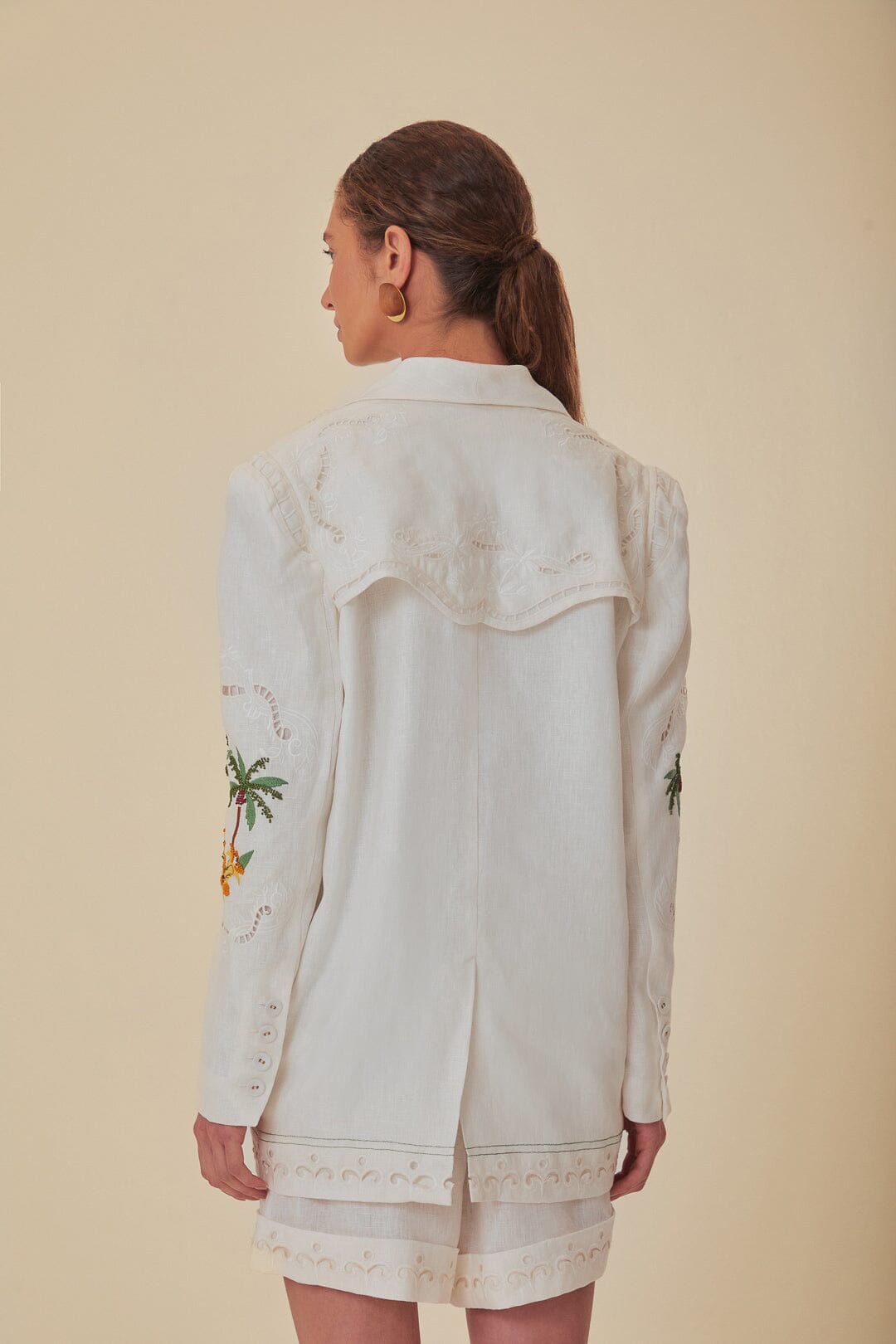 FARM Rio model wearing the Off-White Coconut Tree Macaw Embroidered Richelieu Blazer