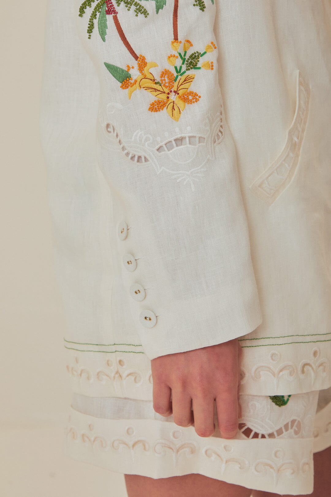 FARM Rio model wearing the Off-White Coconut Tree Macaw Embroidered Richelieu Blazer