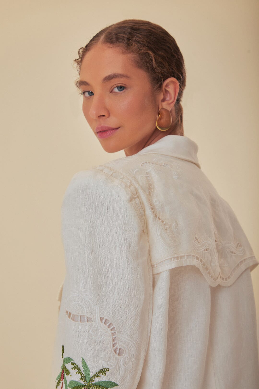 FARM Rio model wearing the Off-White Coconut Tree Macaw Embroidered Richelieu Blazer