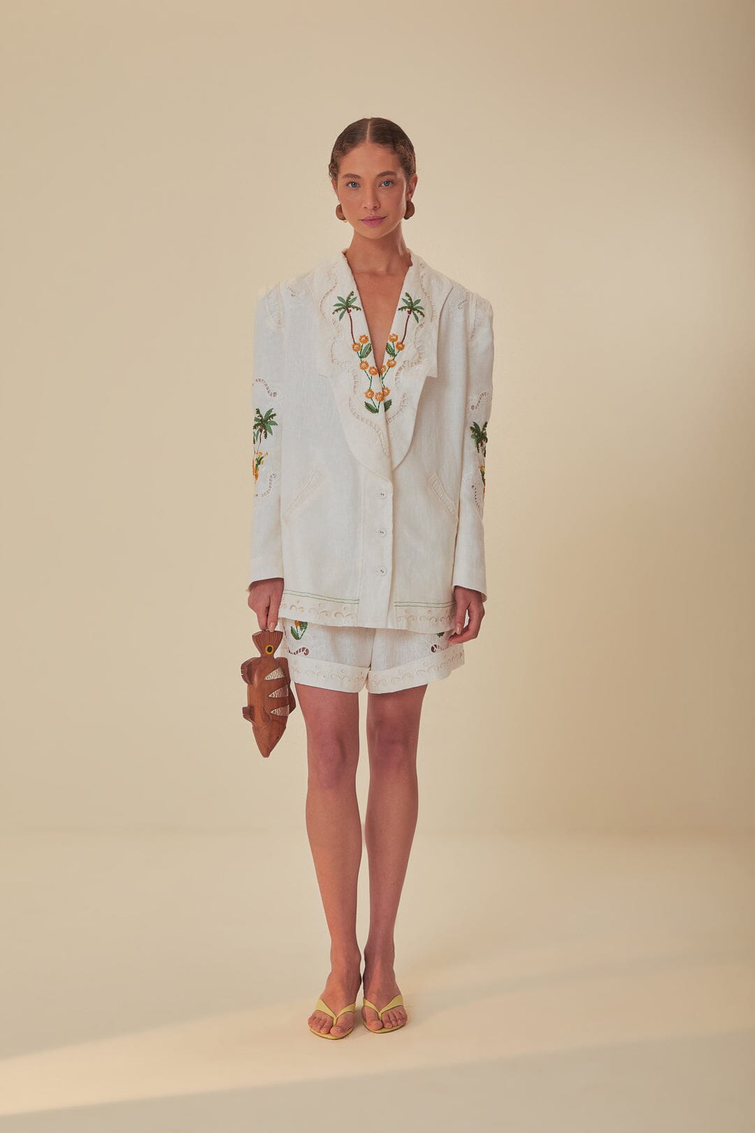 FARM Rio model wearing the Off-White Coconut Tree Embroidered Richelieu Shorts