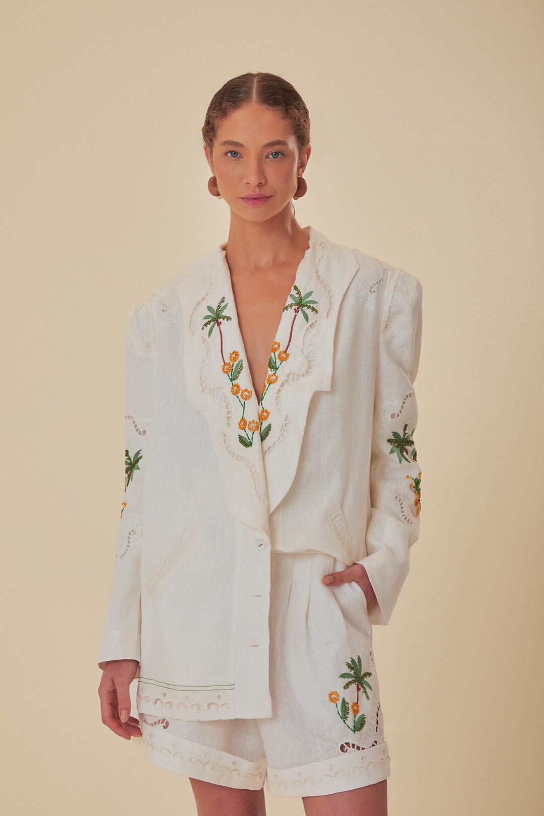 FARM Rio model wearing the Off-White Coconut Tree Embroidered Richelieu Shorts