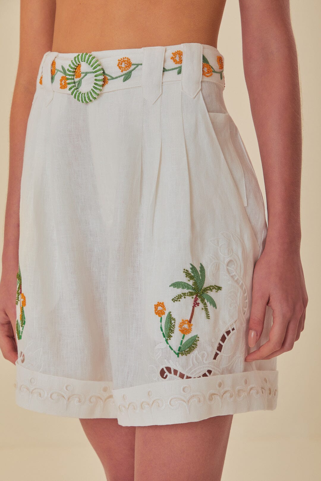 FARM Rio model wearing the Off-White Coconut Tree Embroidered Richelieu Shorts