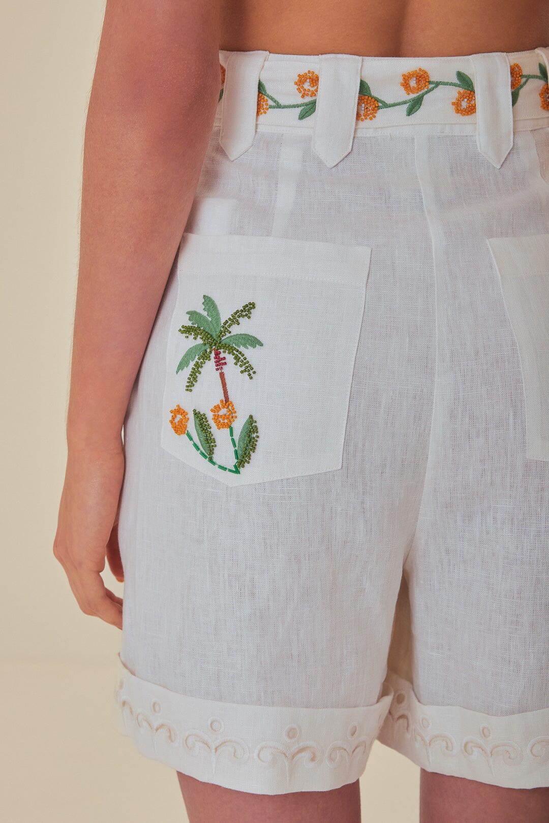 FARM Rio model wearing the Off-White Coconut Tree Embroidered Richelieu Shorts