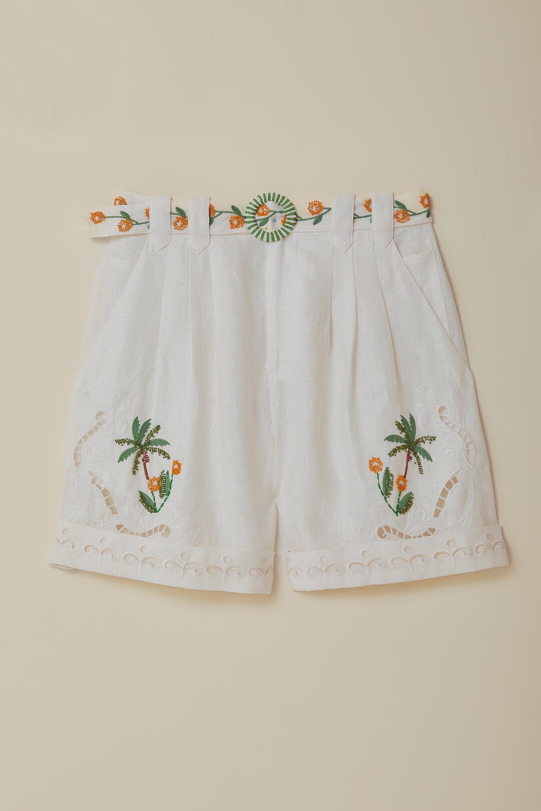 FARM Rio model wearing the Off-White Coconut Tree Embroidered Richelieu Shorts