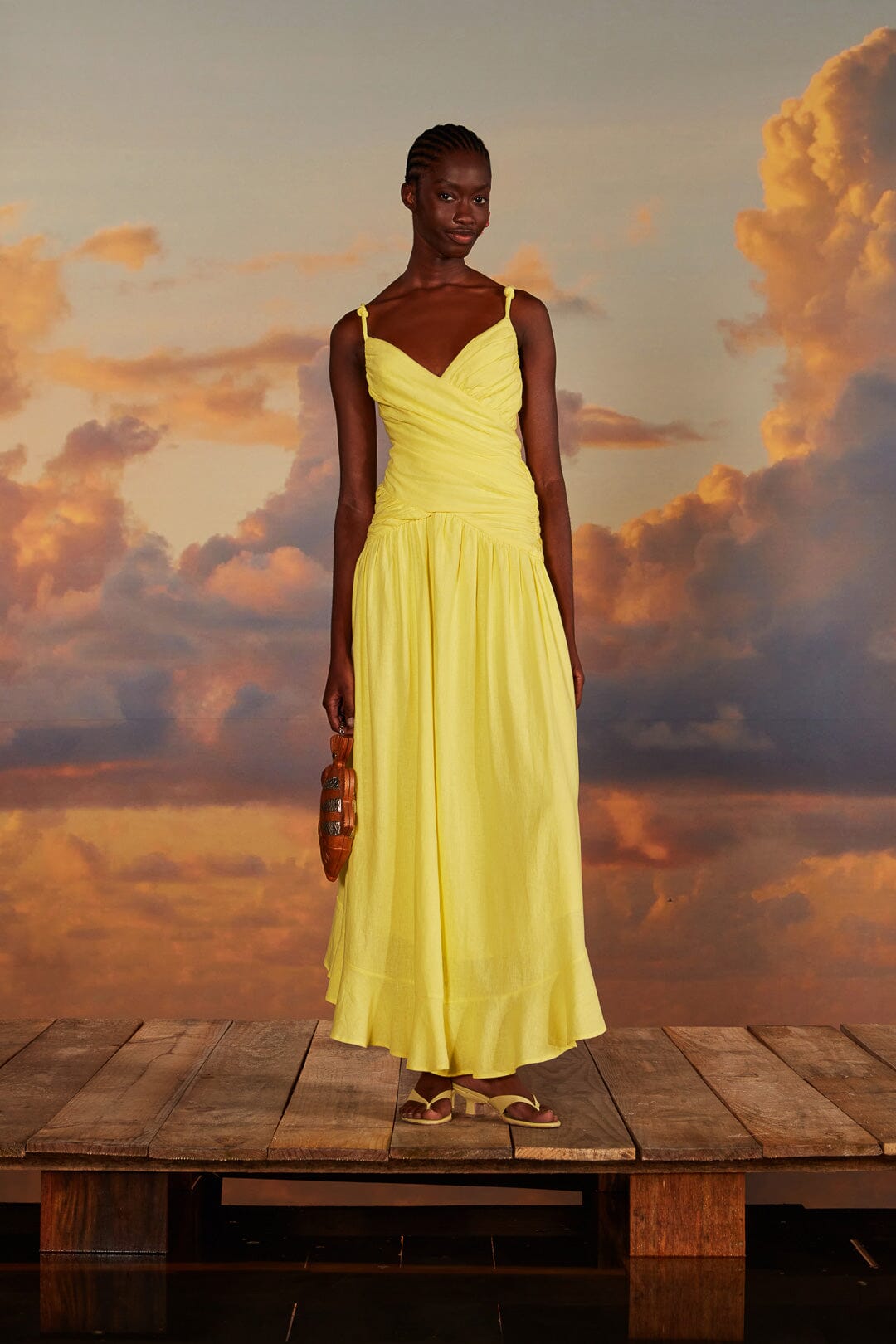 FARM Rio model wearing the Yellow Cross Over Maxi Dress