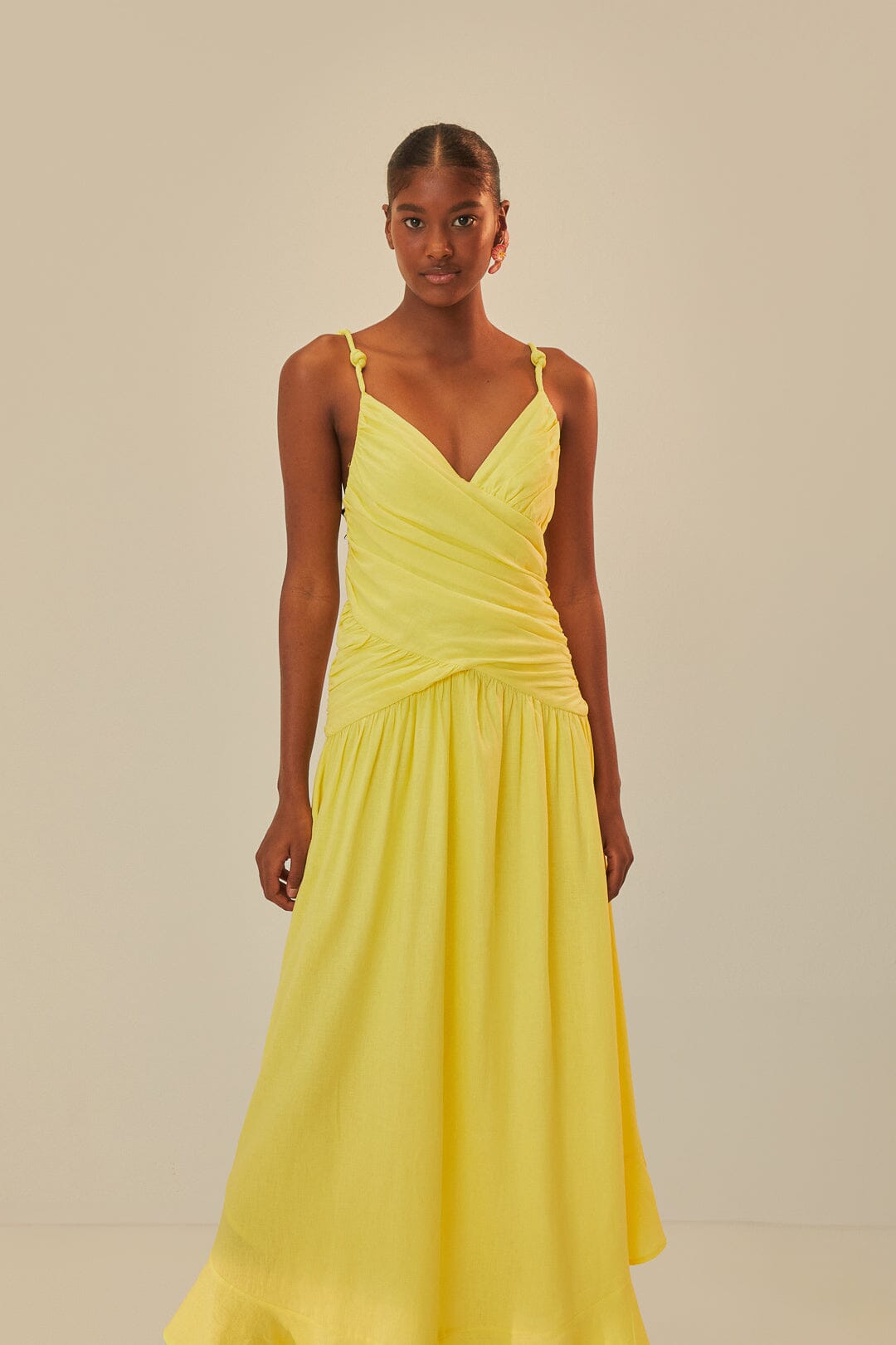 FARM Rio model wearing the Yellow Cross Over Maxi Dress
