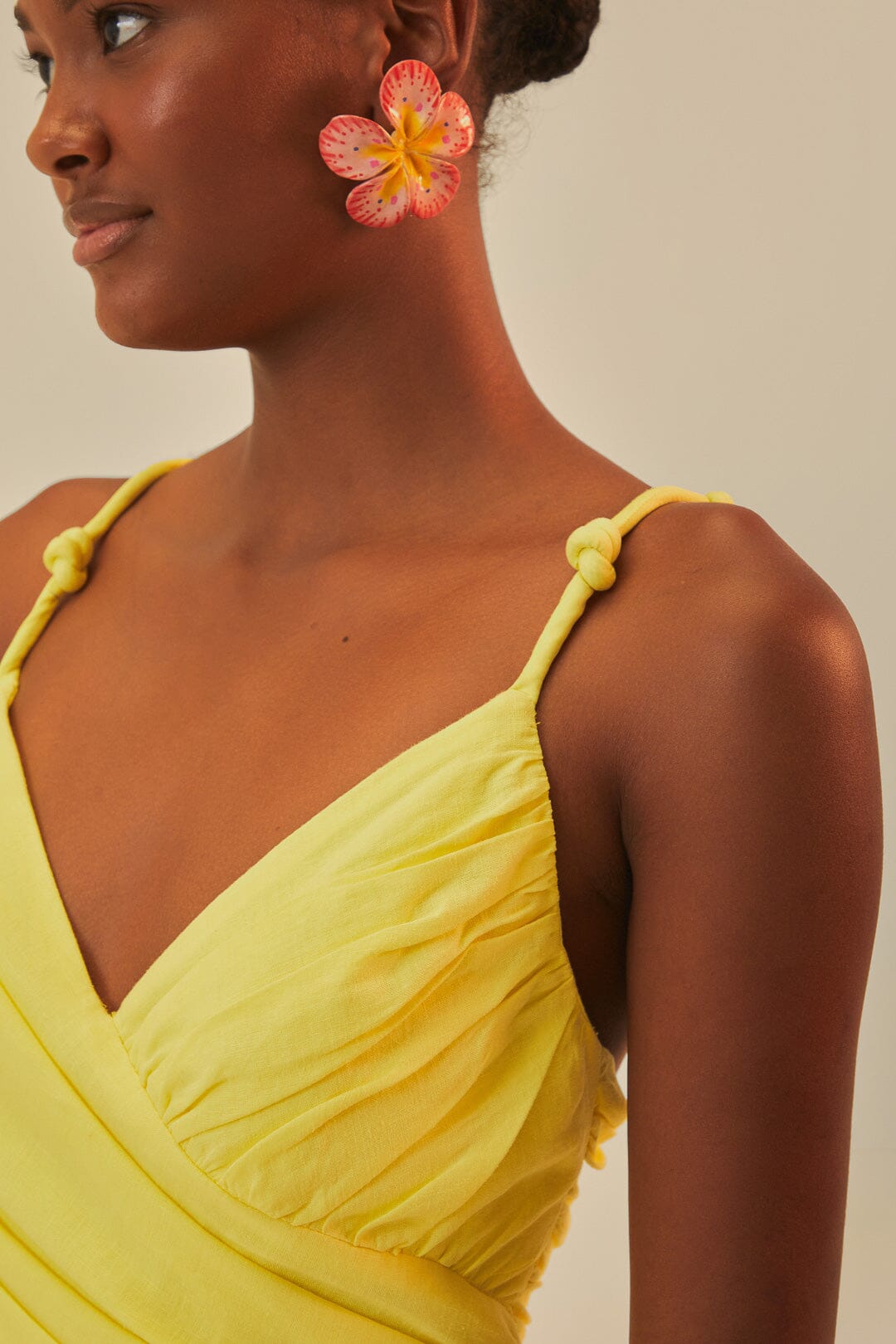 FARM Rio model wearing the Yellow Cross Over Maxi Dress