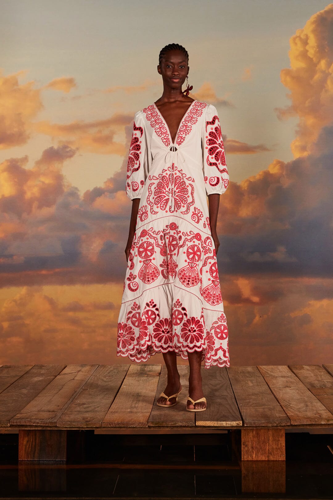 FARM Rio model wearing the White Richelieu V Neckline Maxi Dress