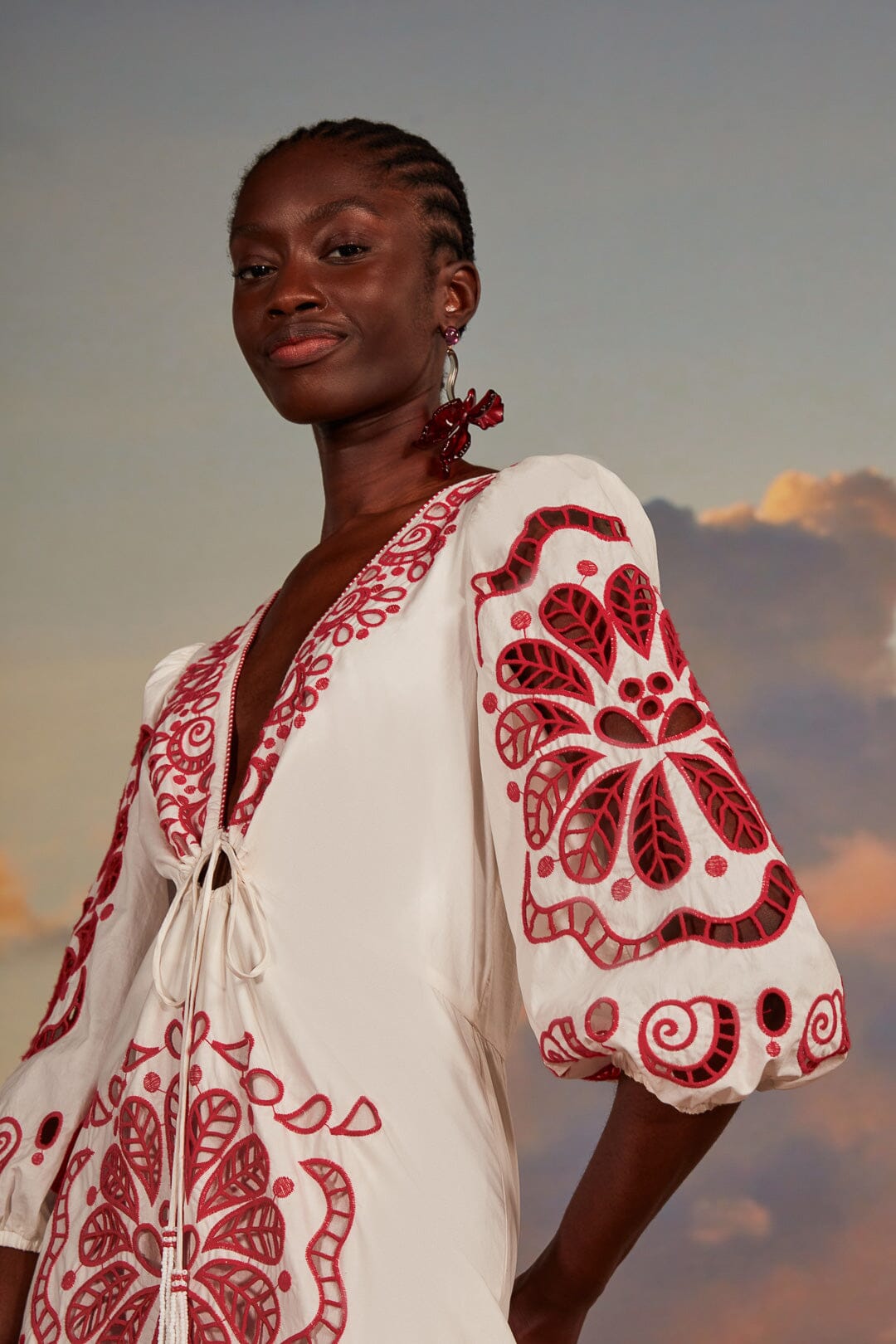 FARM Rio model wearing the White Richelieu V Neckline Maxi Dress