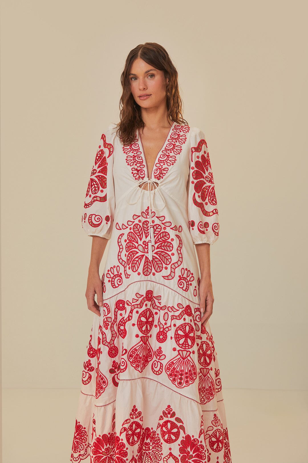 FARM Rio model wearing the White Richelieu V Neckline Maxi Dress