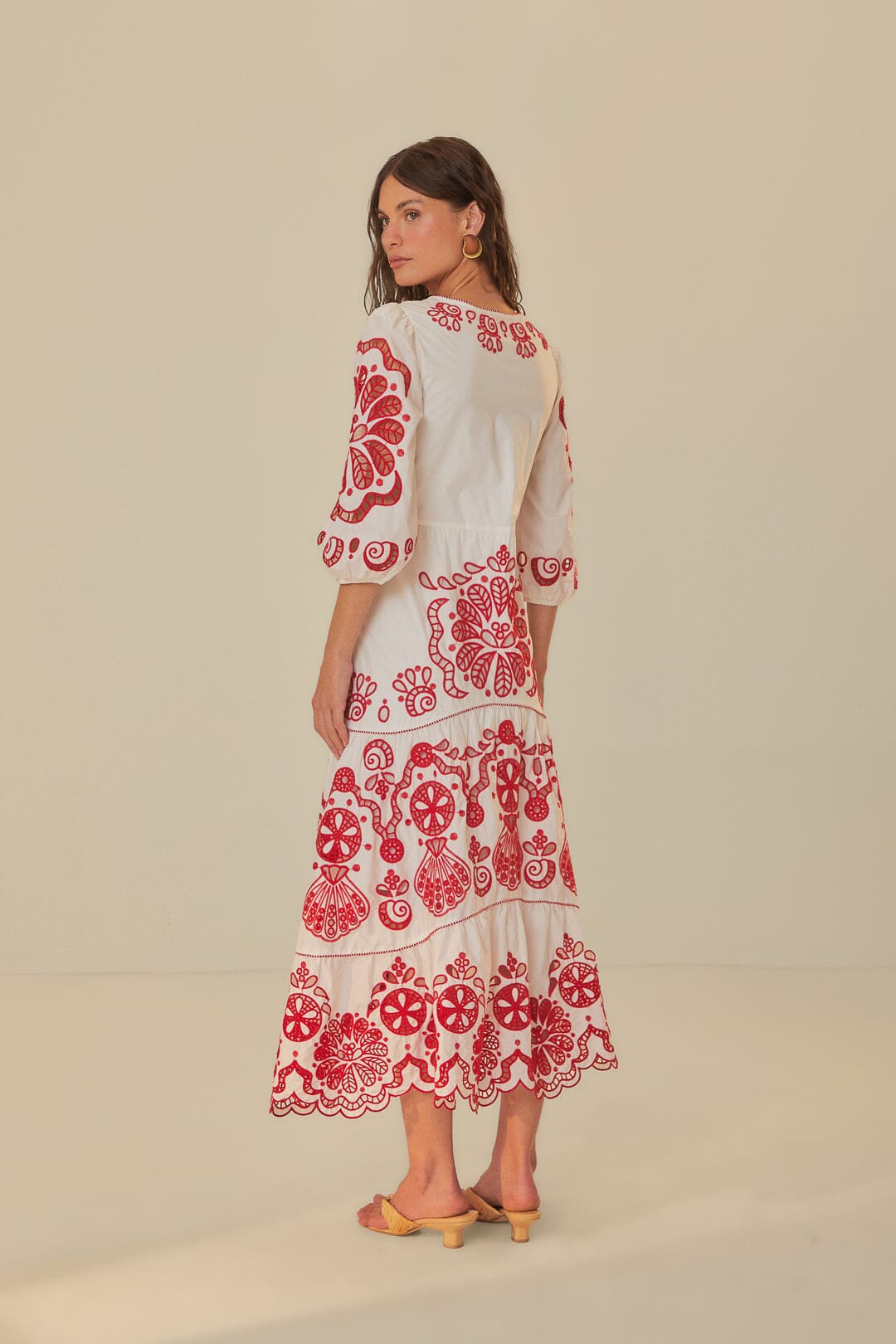 FARM Rio model wearing the White Richelieu V Neckline Maxi Dress