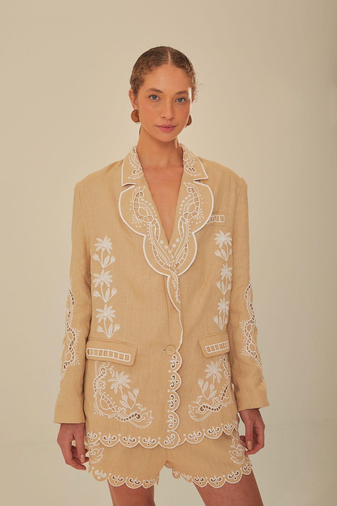 FARM Rio model wearing the Khaki Embroidered Blazer