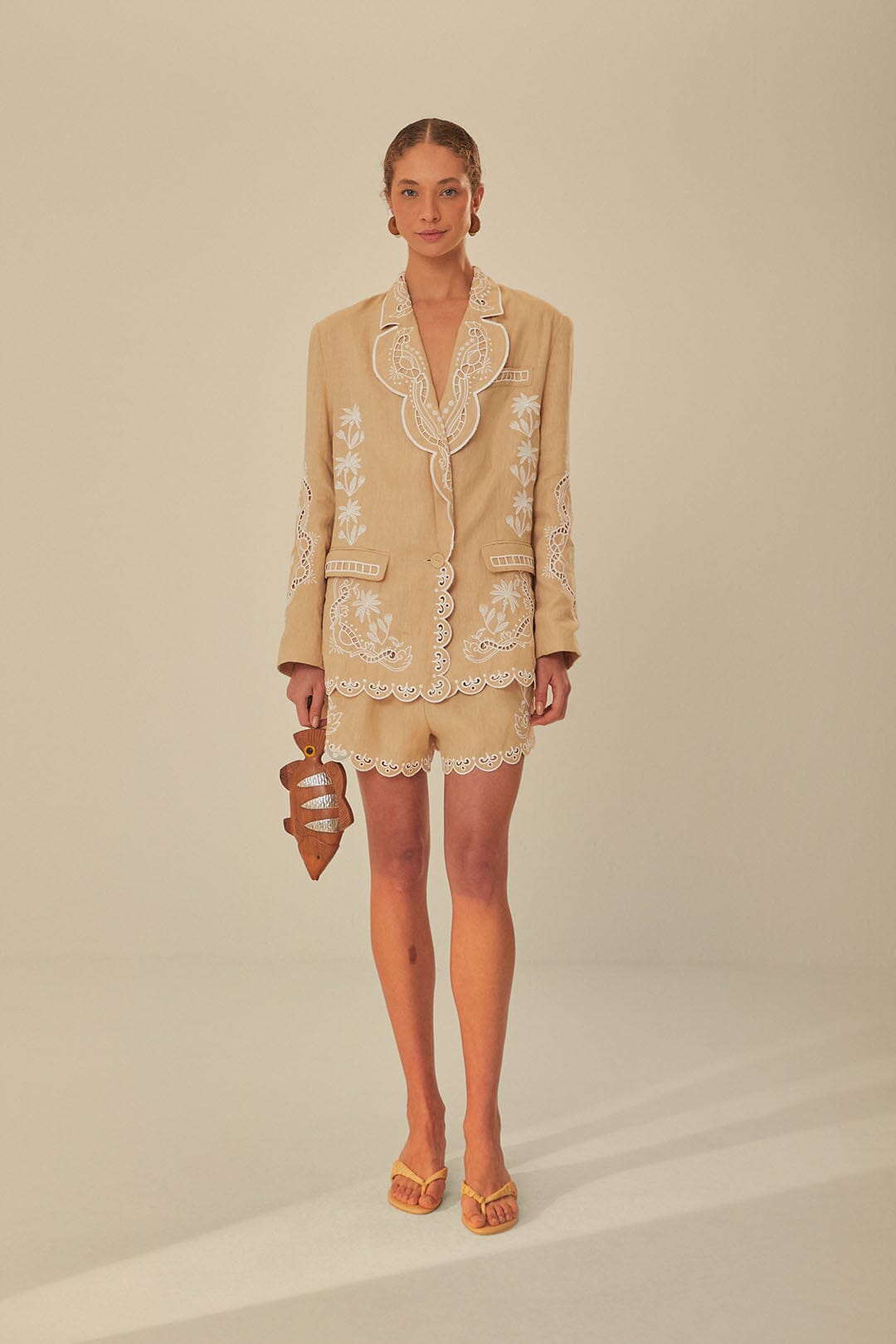 FARM Rio model wearing the Khaki Embroidered Blazer