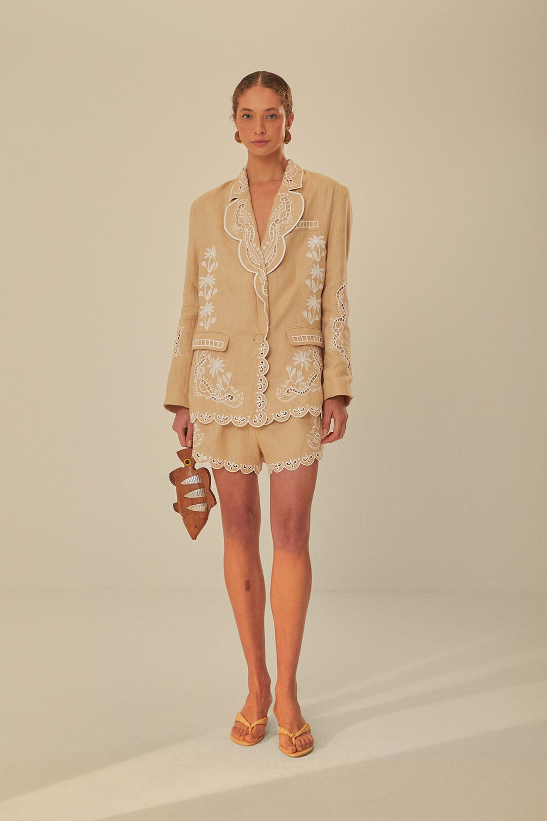 FARM Rio model wearing the Khaki Embroidered Shorts