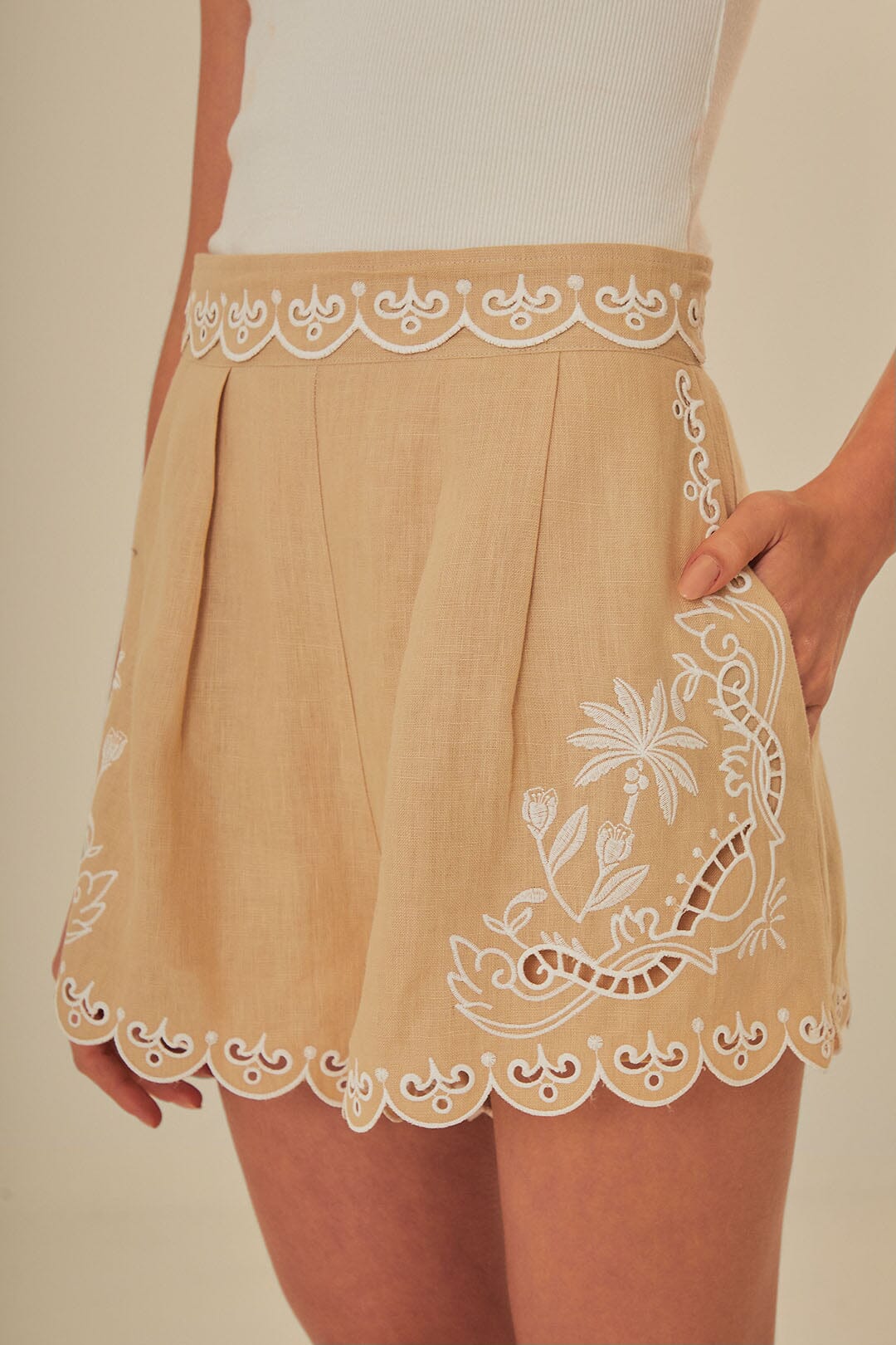 FARM Rio model wearing the Khaki Embroidered Shorts