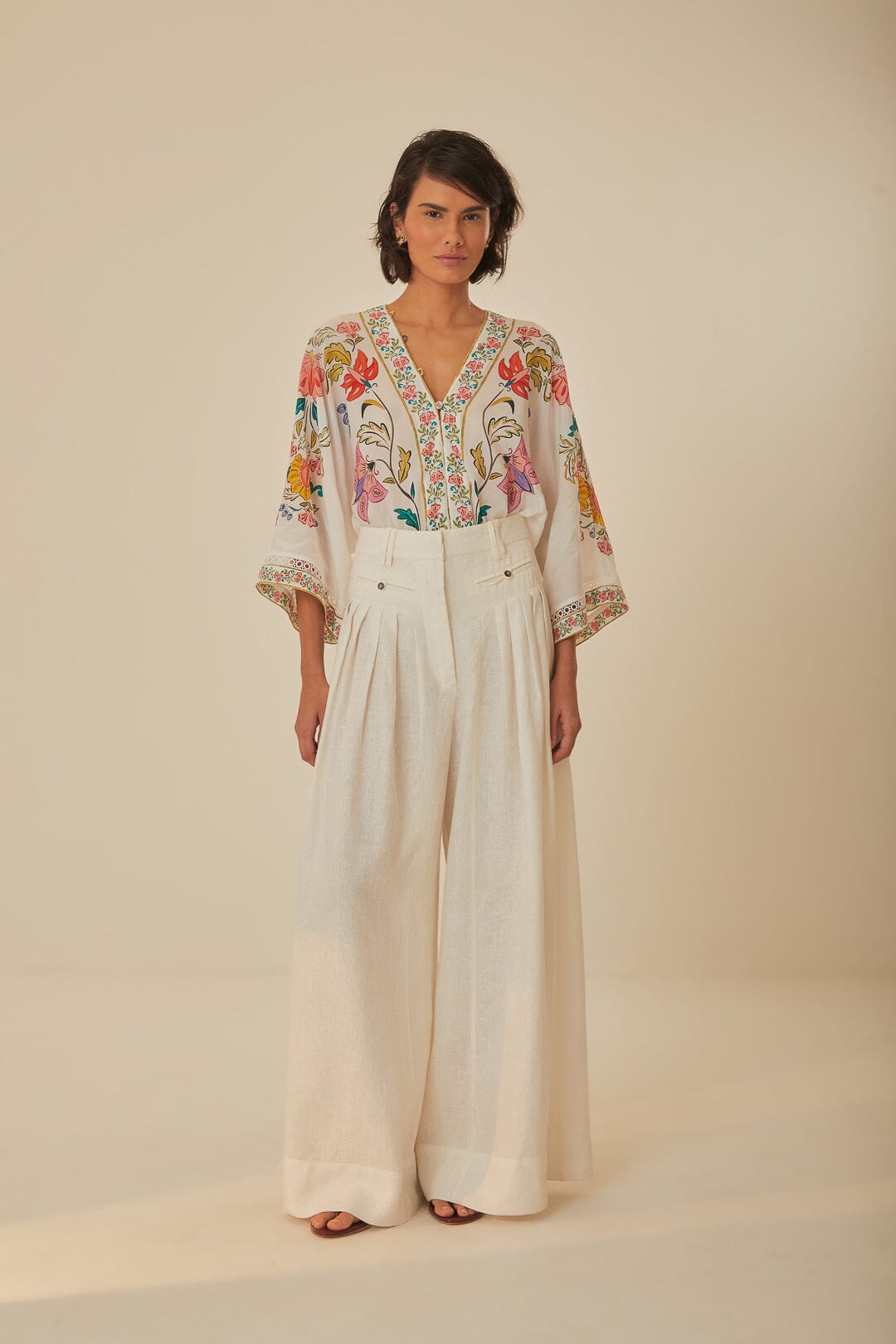 FARM Rio model wearing the White Linen Pleat Pants