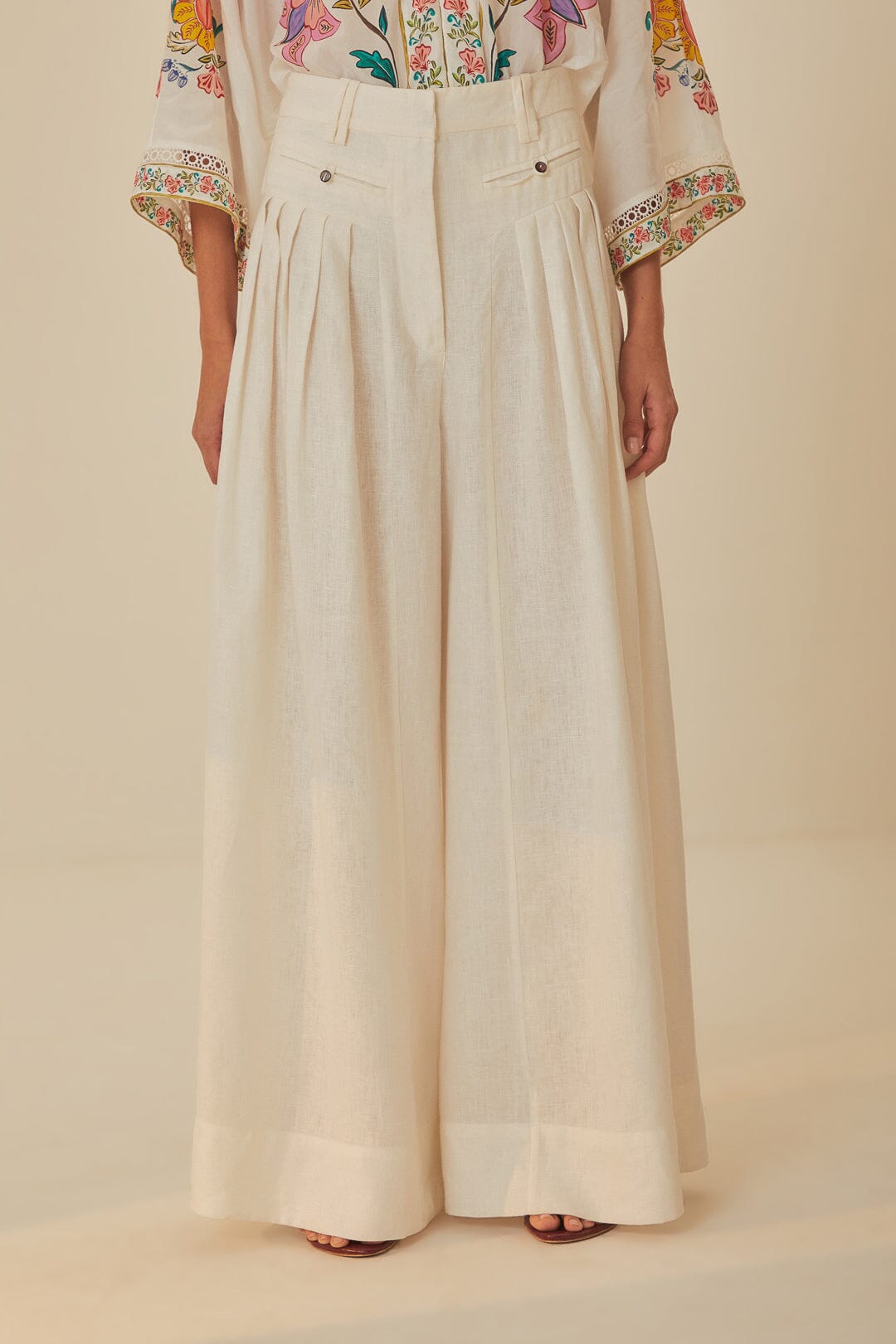 FARM Rio model wearing the White Linen Pleat Pants