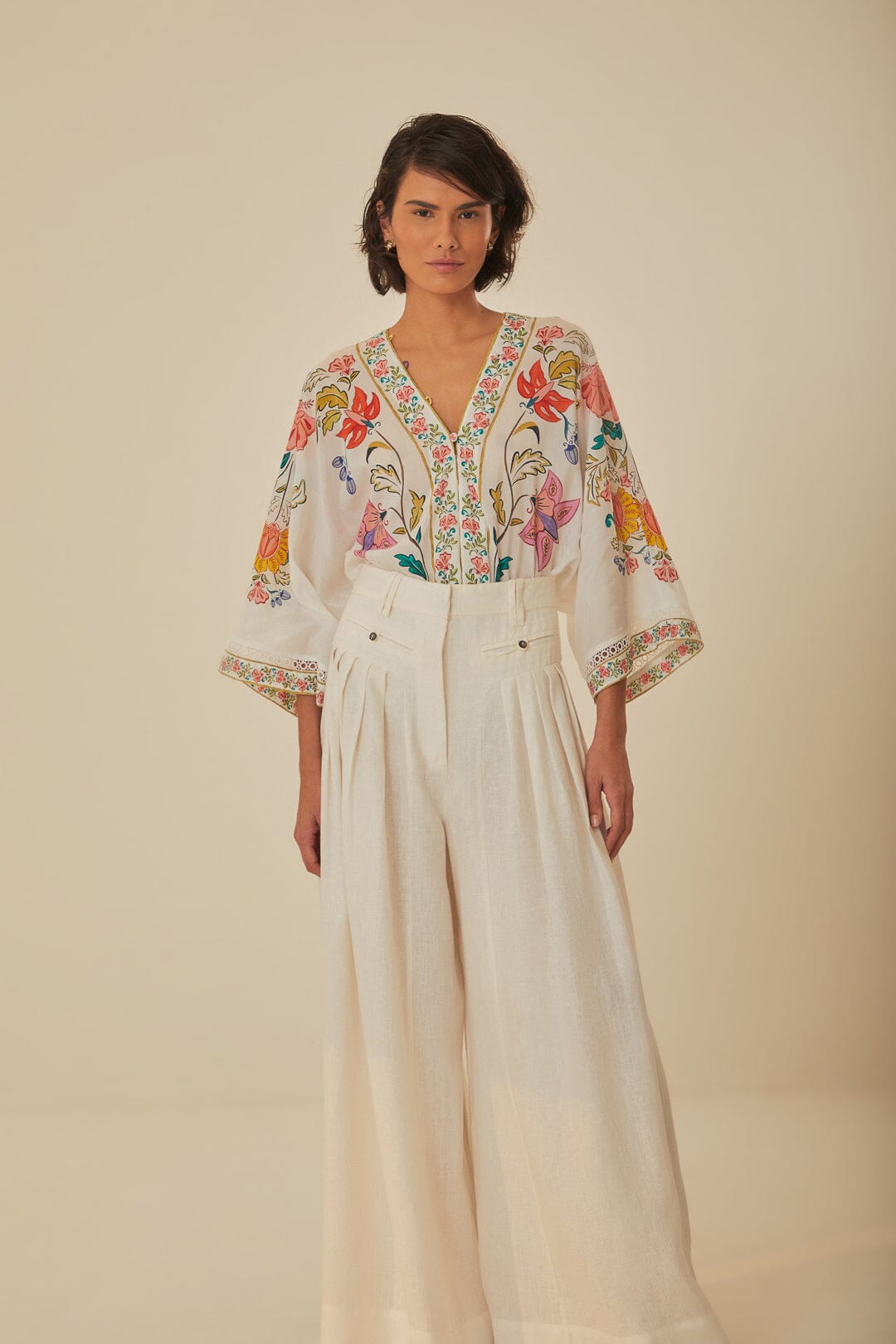 FARM Rio model wearing the White Linen Pleat Pants