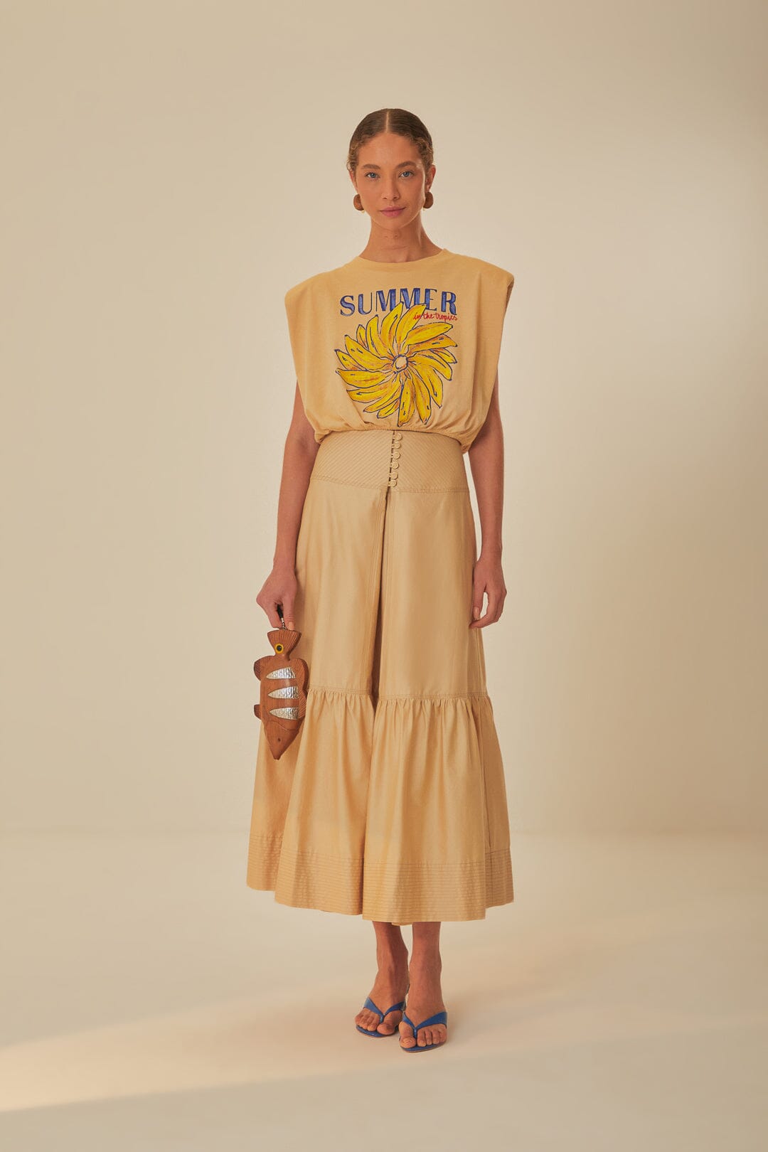 FARM Rio model wearing the Khaki Topstitching Yoke Maxi Skirt