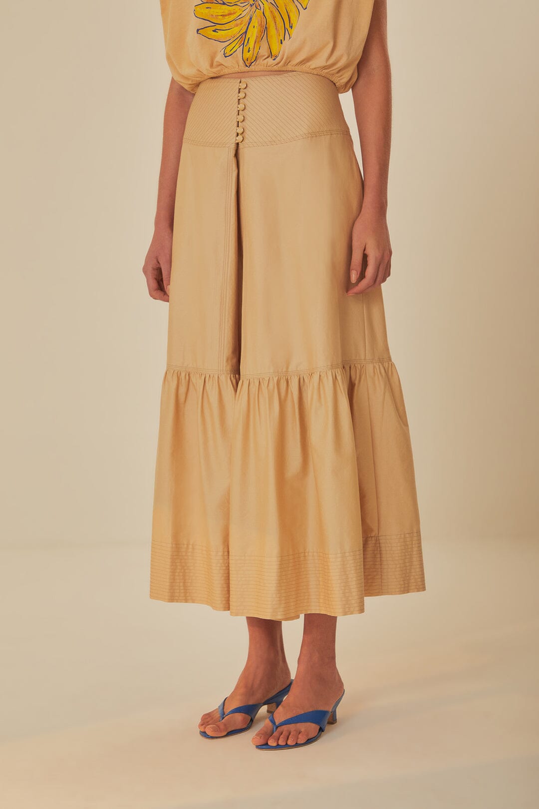 FARM Rio model wearing the Khaki Topstitching Yoke Maxi Skirt