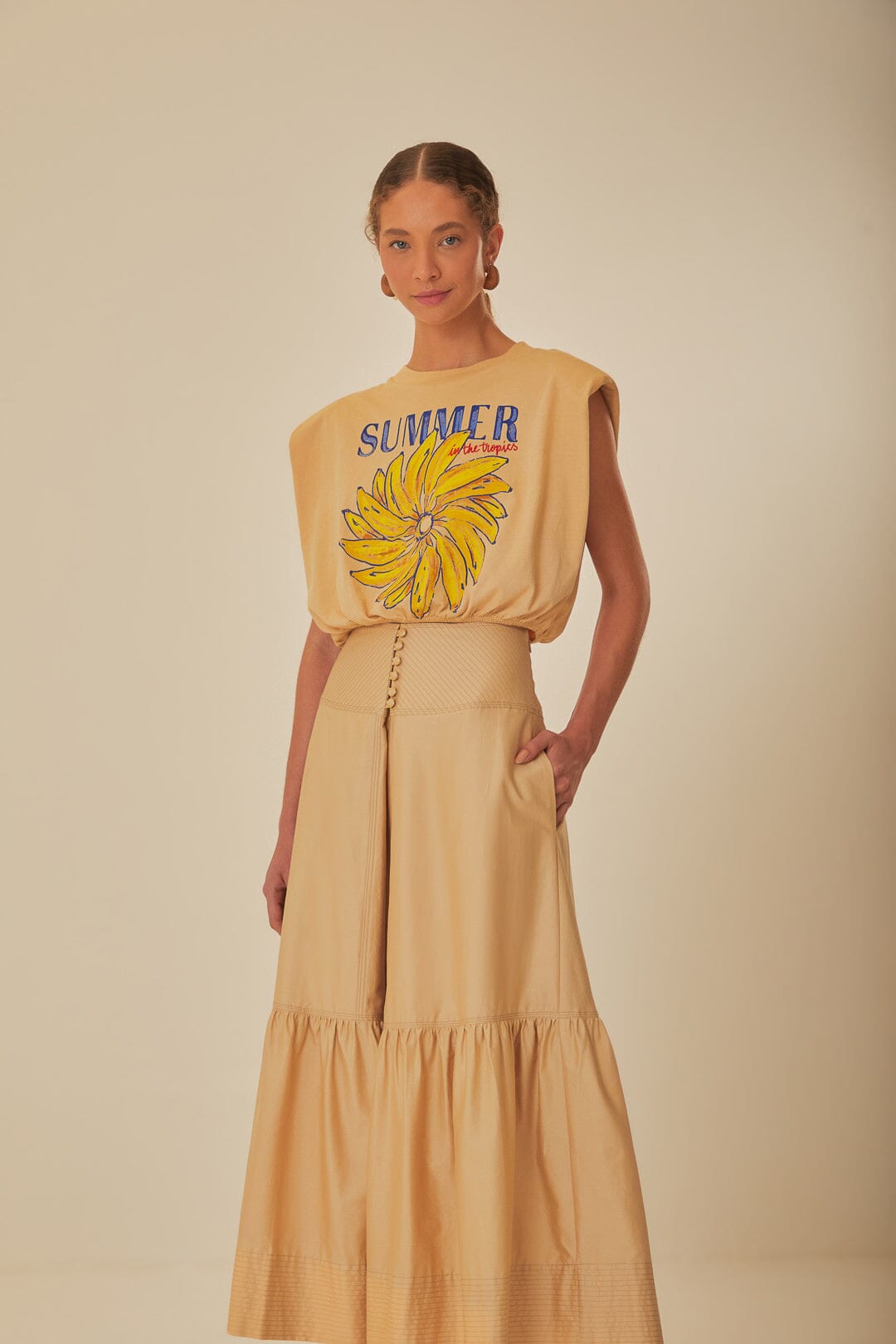 FARM Rio model wearing the Khaki Topstitching Yoke Maxi Skirt