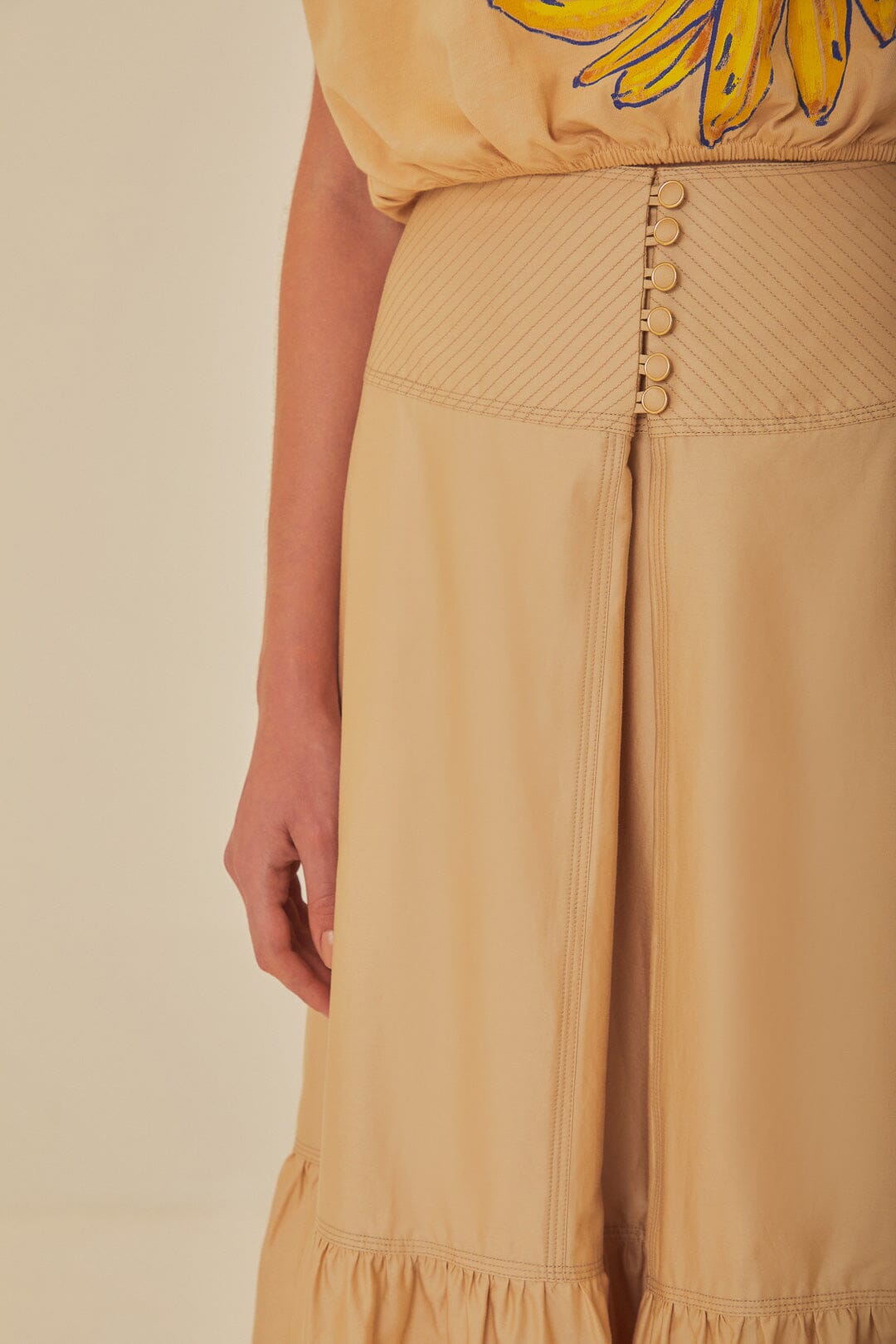FARM Rio model wearing the Khaki Topstitching Yoke Maxi Skirt