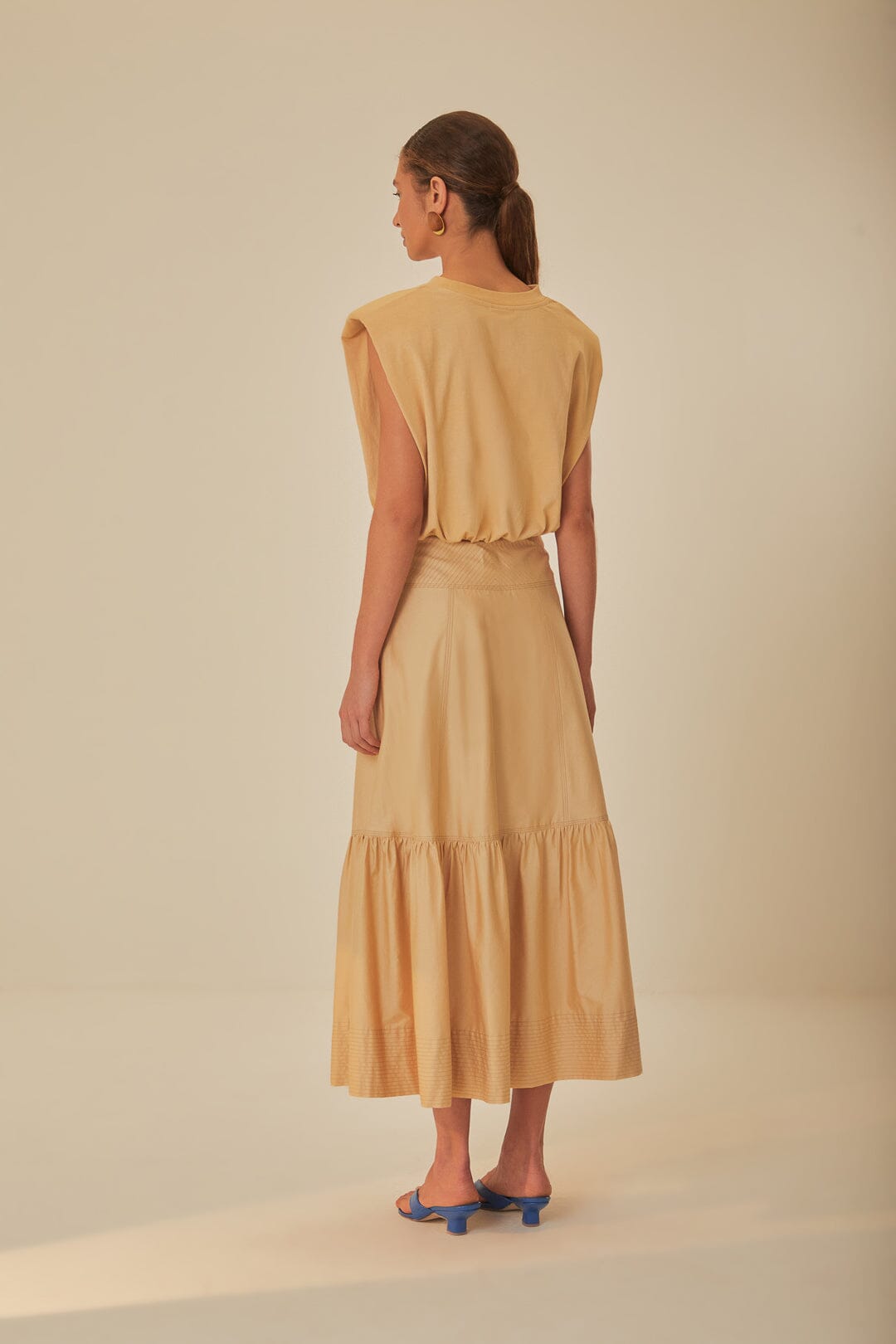 FARM Rio model wearing the Khaki Topstitching Yoke Maxi Skirt