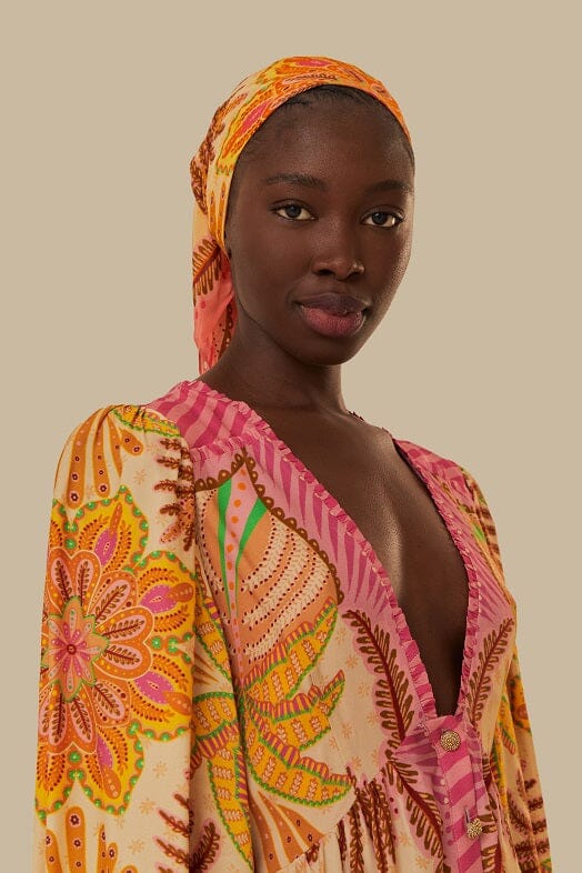 FARM Rio model wearing the Sand Palms Scarf