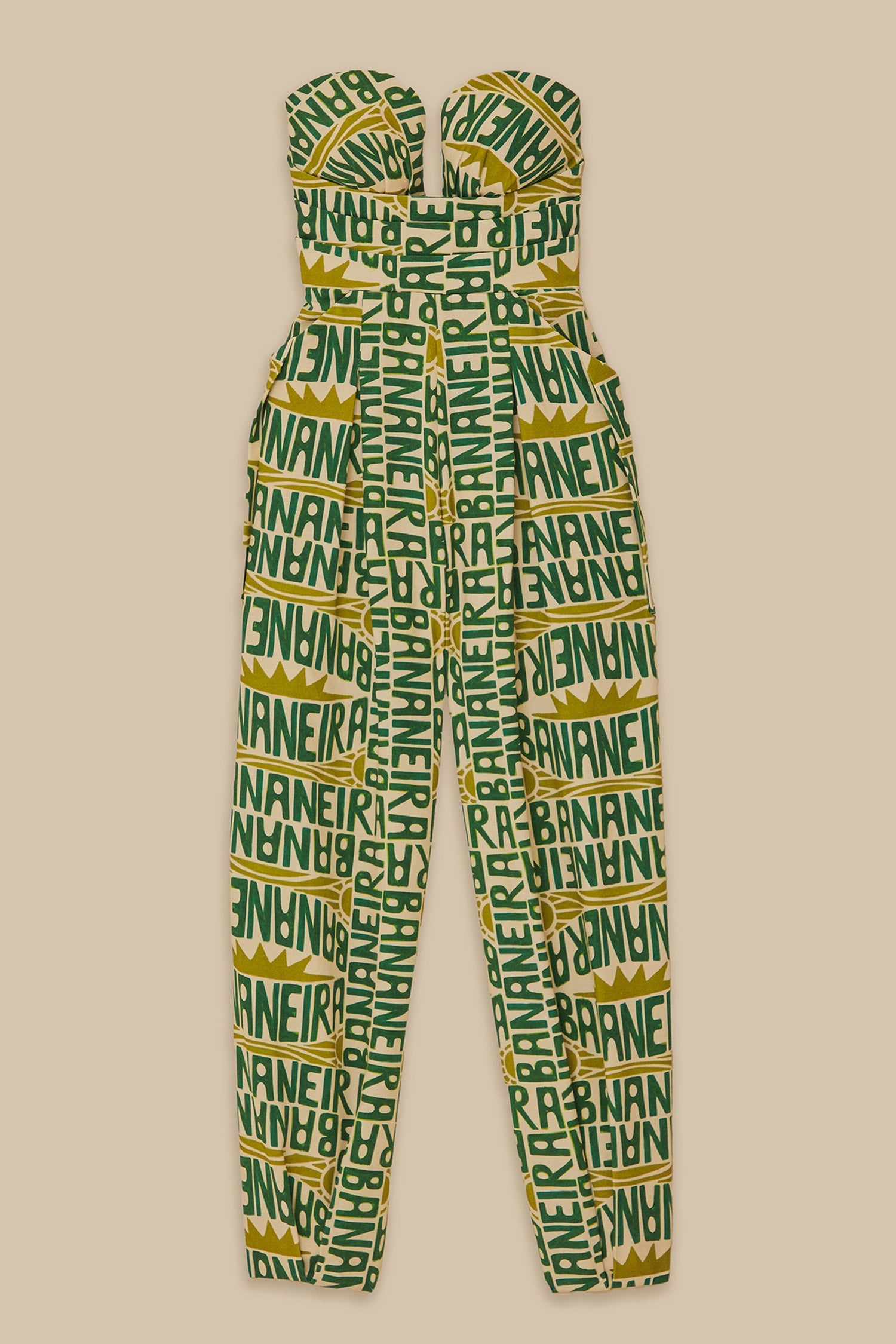 FARM Rio model wearing the Banana Typography Strapless Maxi Jumpsuit