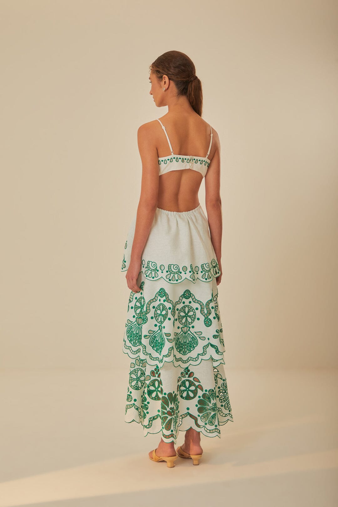 FARM Rio model wearing the Off White Flower Richelieu Midi Dress