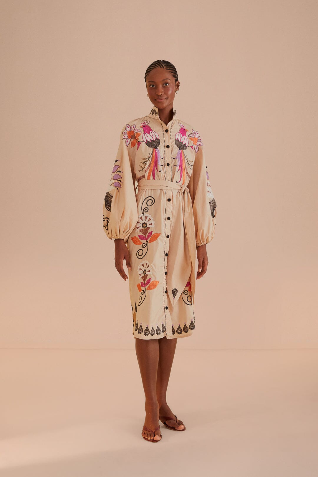 FARM Rio model wearing the Flower Bird Embroidered Khaki Midi Dress