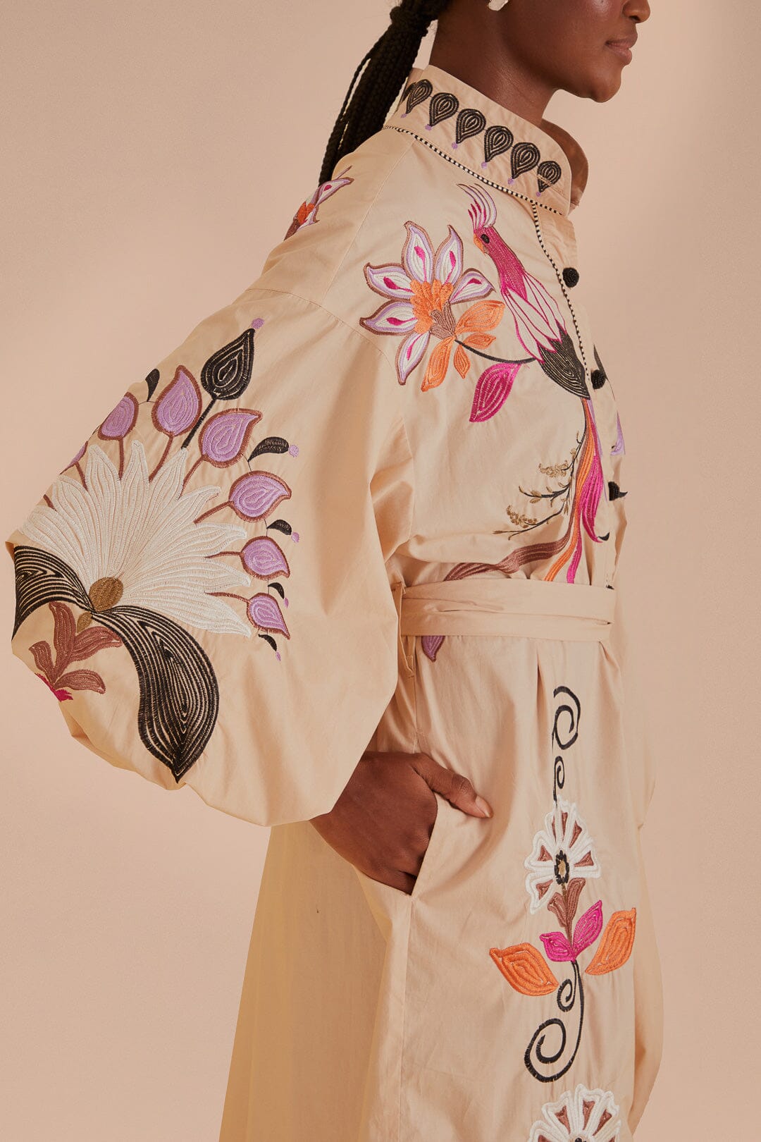 FARM Rio model wearing the Flower Bird Embroidered Khaki Midi Dress