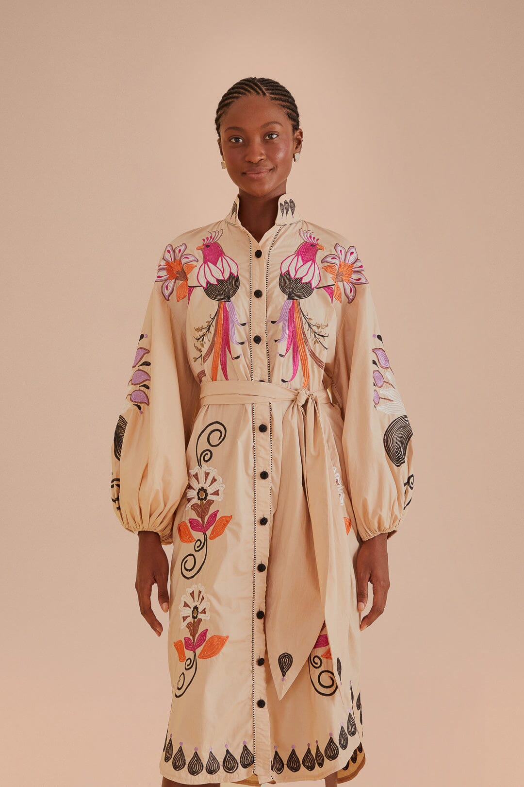 FARM Rio model wearing the Flower Bird Embroidered Khaki Midi Dress