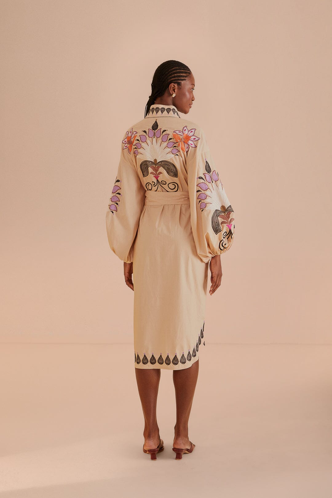 FARM Rio model wearing the Flower Bird Embroidered Khaki Midi Dress