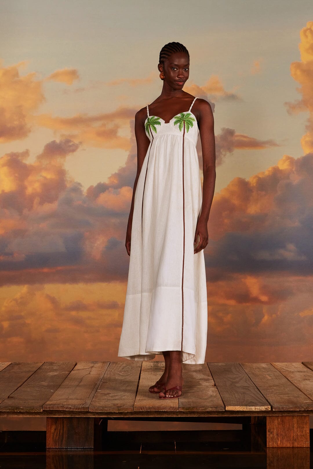 FARM Rio model wearing the Coconut Tree Embroidered Maxi Dress