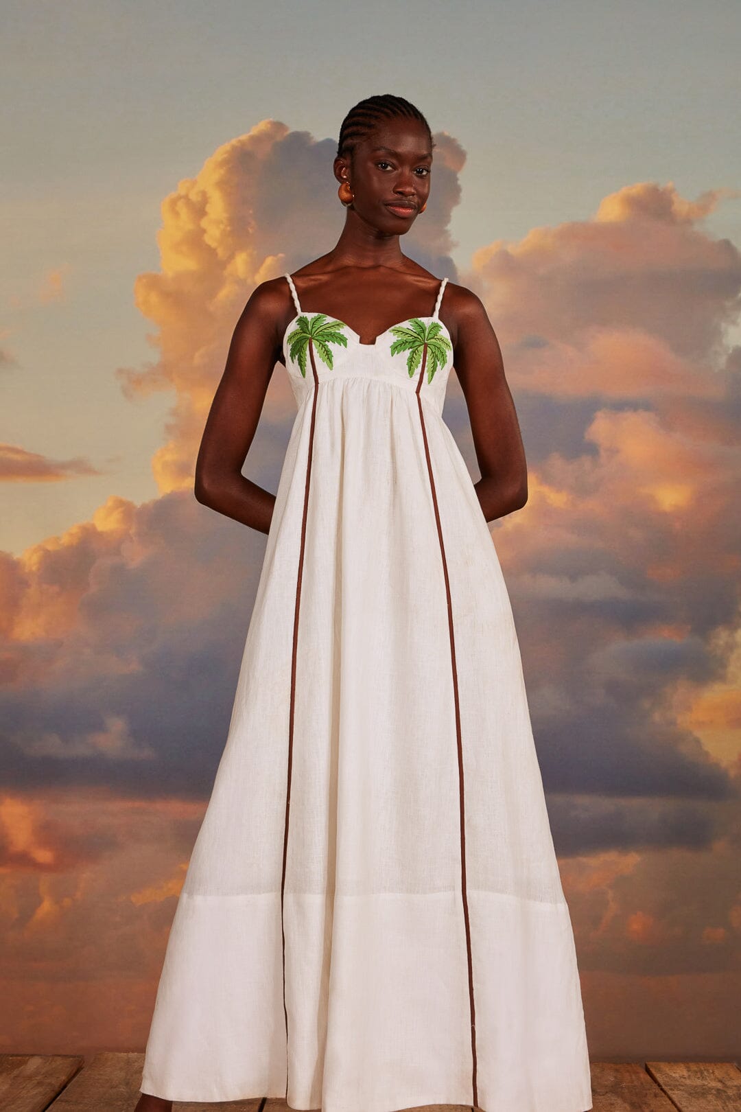 FARM Rio model wearing the Coconut Tree Embroidered Maxi Dress