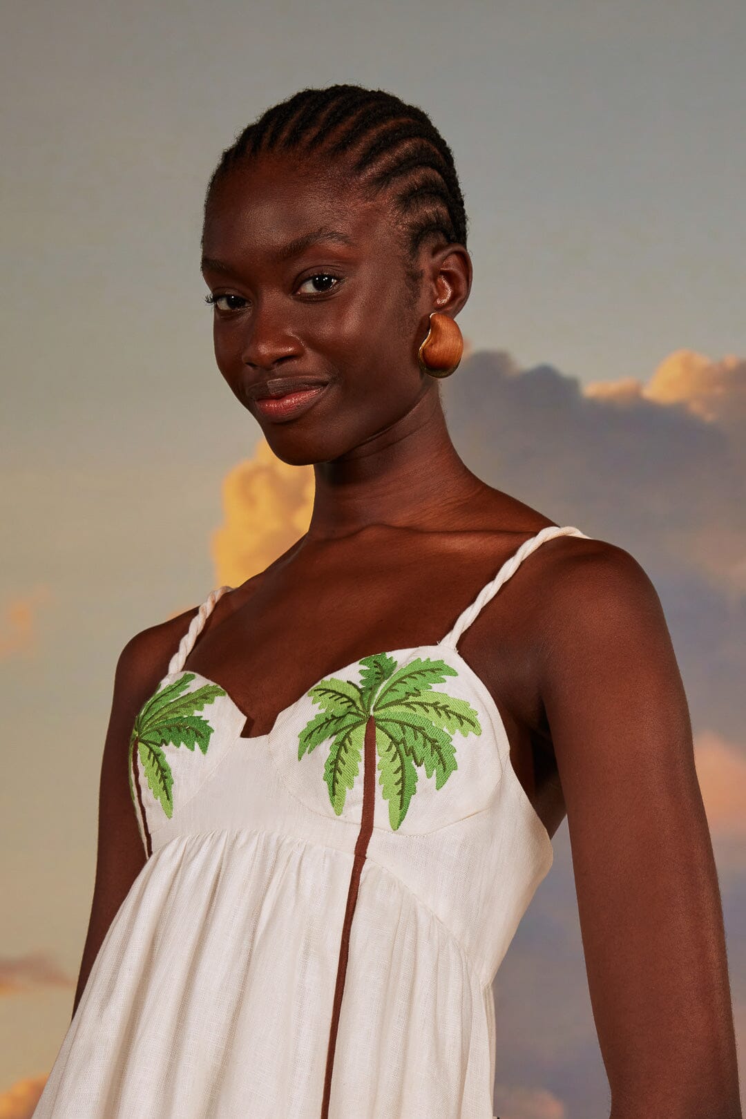 FARM Rio model wearing the Coconut Tree Embroidered Maxi Dress