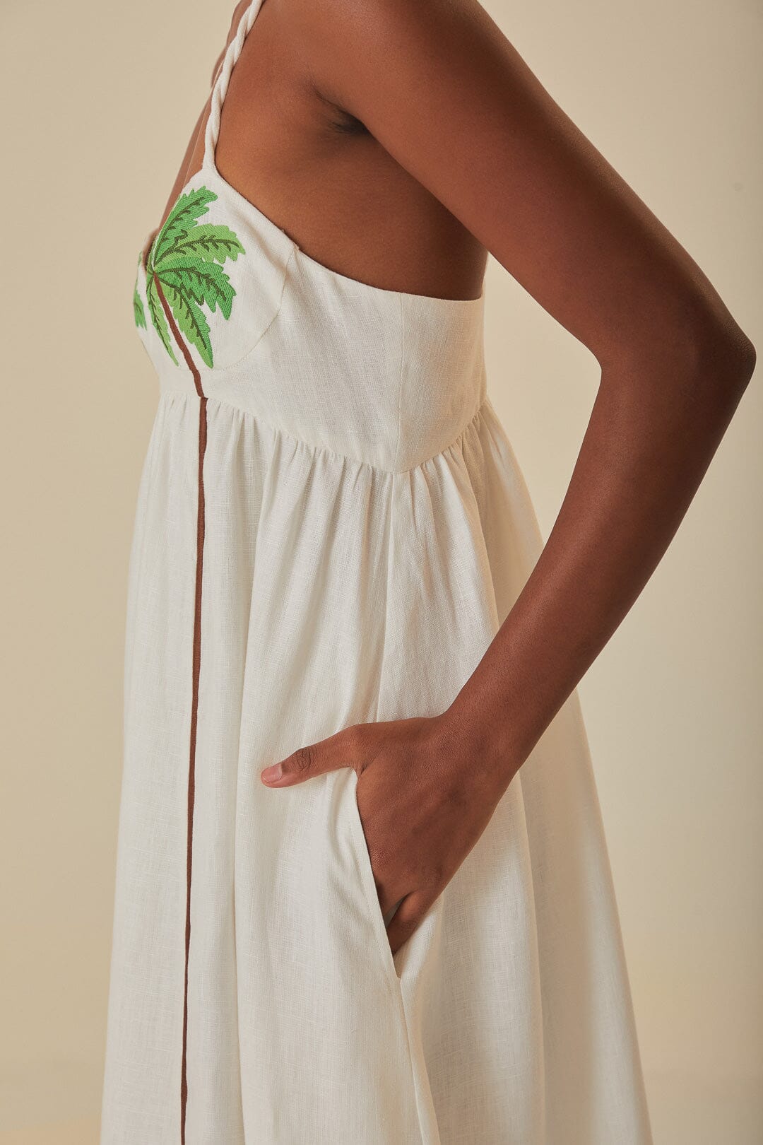 FARM Rio model wearing the Coconut Tree Embroidered Maxi Dress