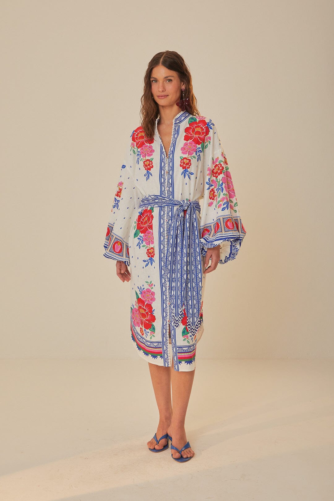 FARM Rio model wearing the Flowers Beach Off White Midi Dress