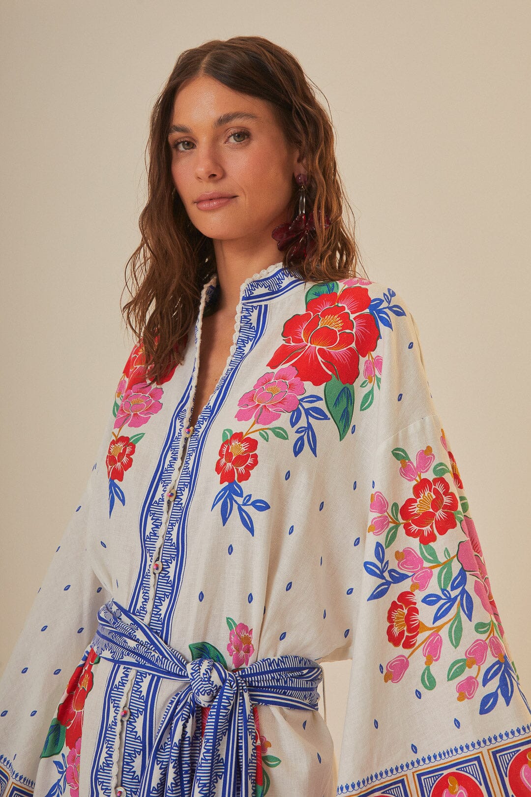 FARM Rio model wearing the Flowers Beach Off White Midi Dress