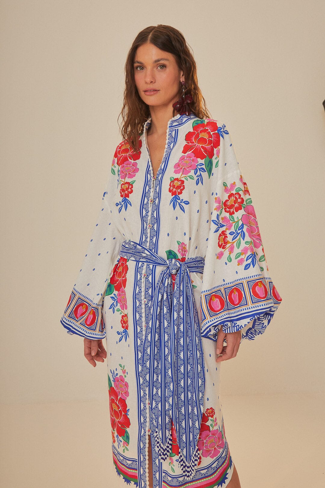 FARM Rio model wearing the Flowers Beach Off White Midi Dress