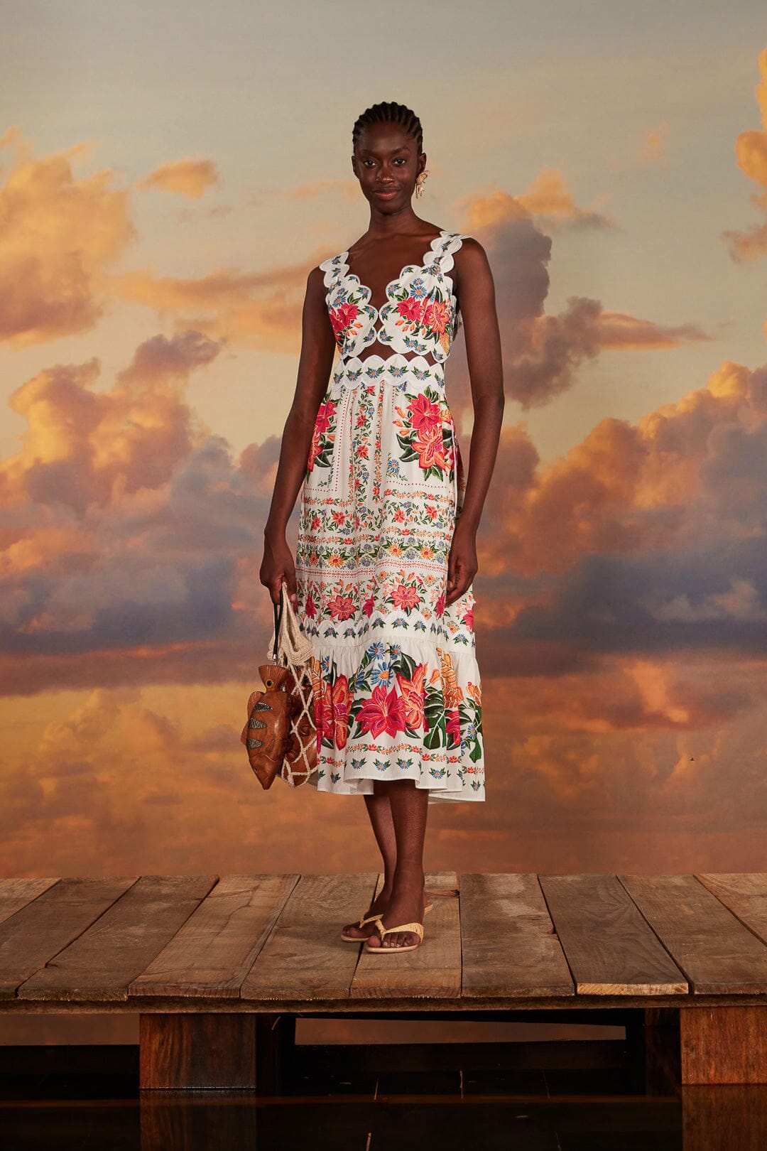 FARM Rio model wearing the Bloom Garden Off White Maxi Dress
