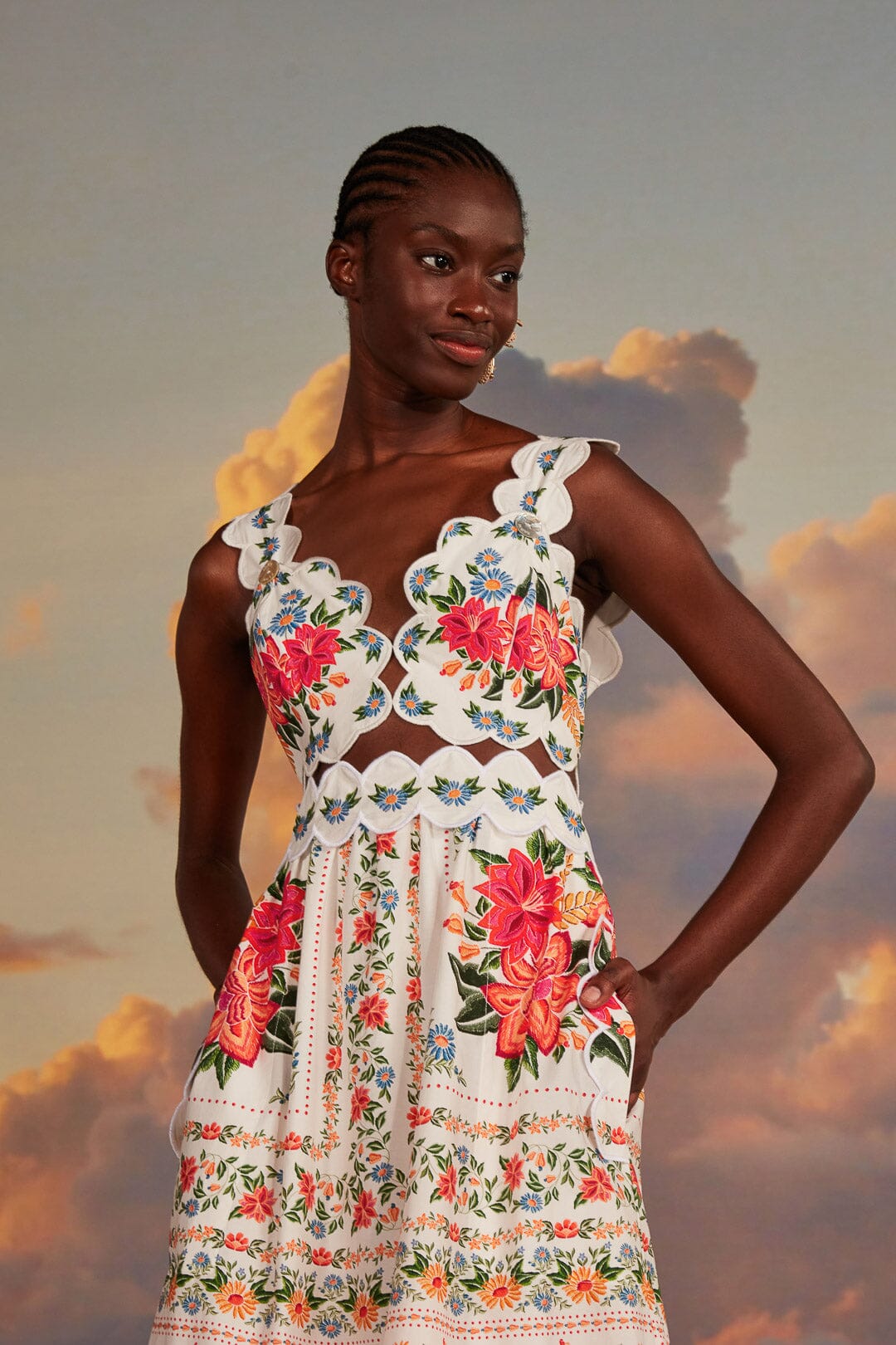 FARM Rio model wearing the Bloom Garden Off White Maxi Dress