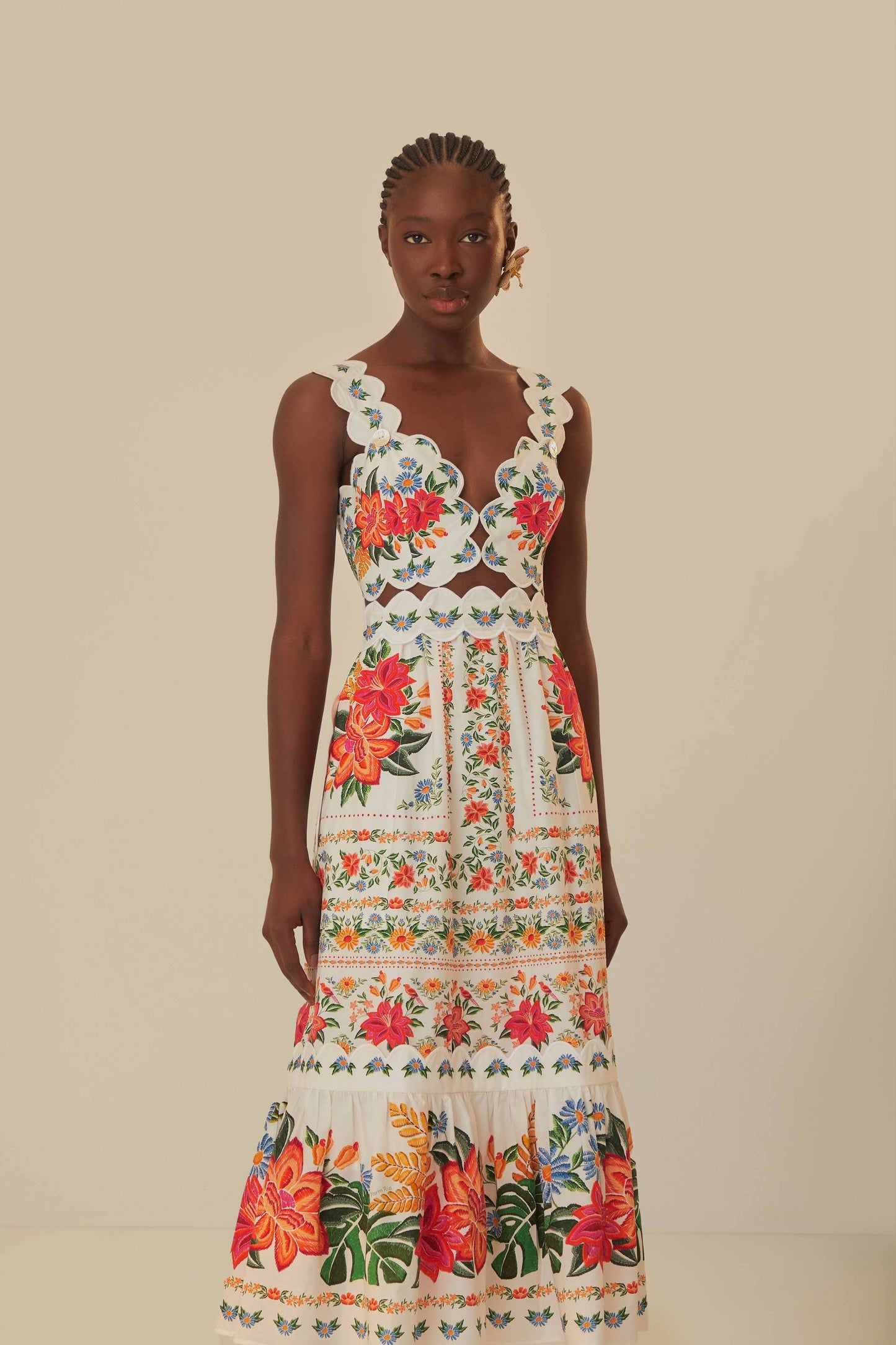FARM Rio model wearing the Bloom Garden Off White Maxi Dress
