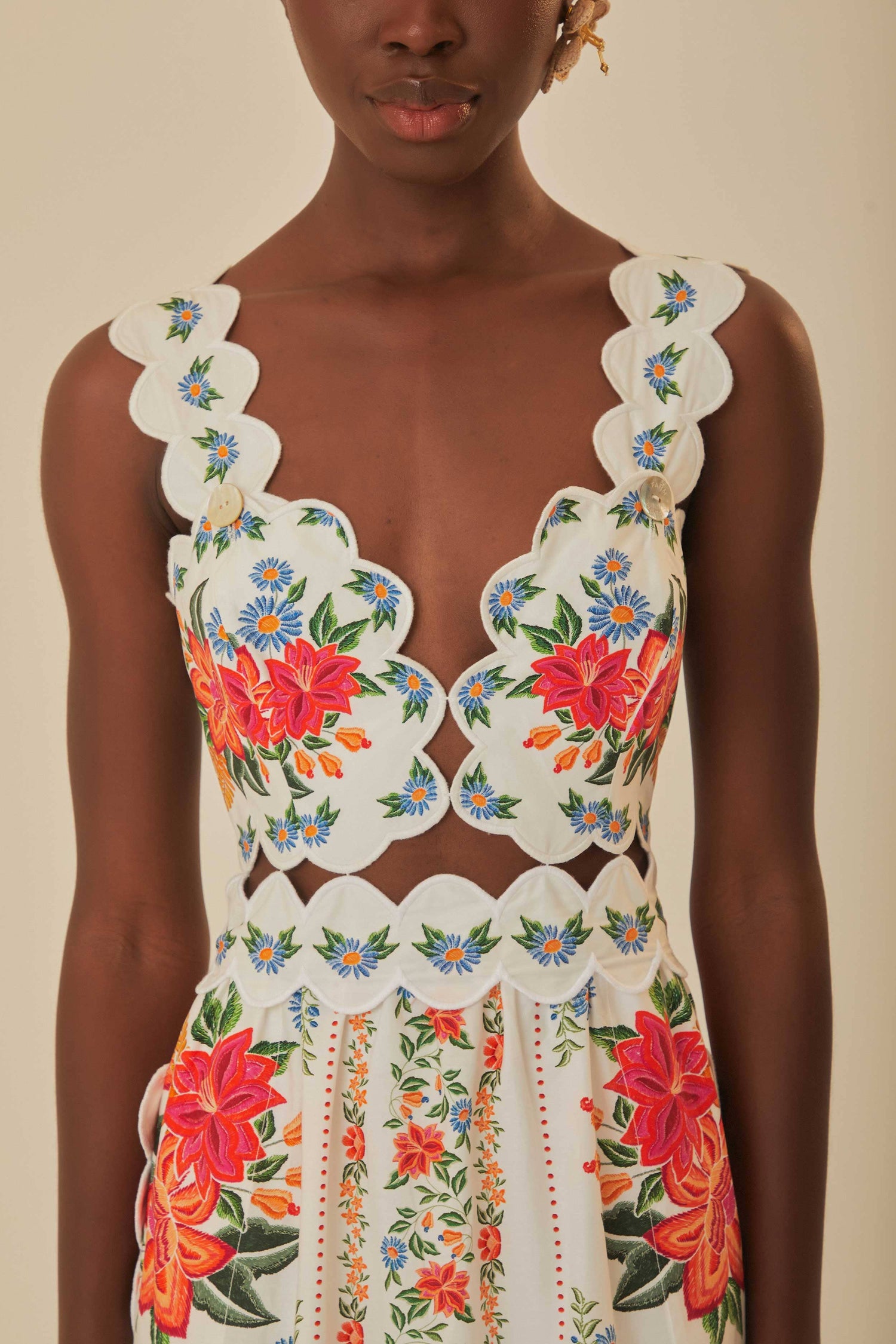 FARM Rio model wearing the Bloom Garden Off White Maxi Dress